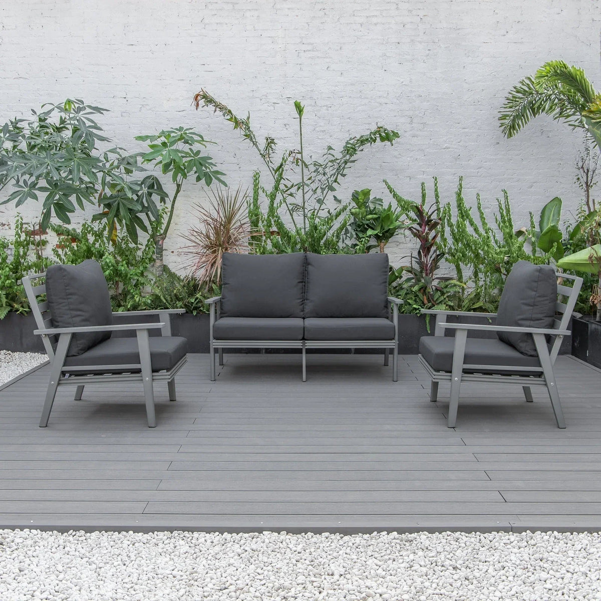 Walbrooke Modern 3-Piece Outdoor Patio Set with Grey Aluminum Frame and Removable Cushions Loveseat and Set of 2 Armchairs - Elax Furniture