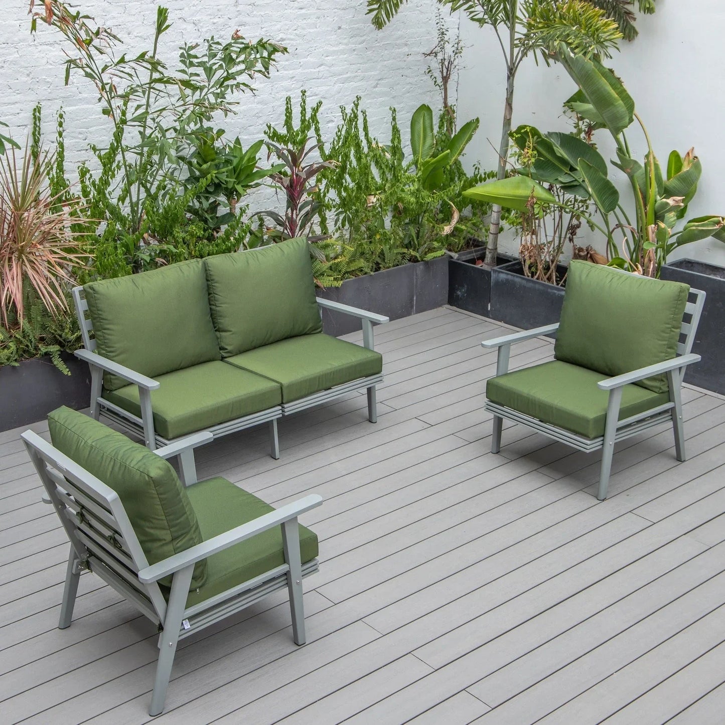 Walbrooke Modern 3-Piece Outdoor Patio Set with Grey Aluminum Frame and Removable Cushions Loveseat and Set of 2 Armchairs - Elax Furniture