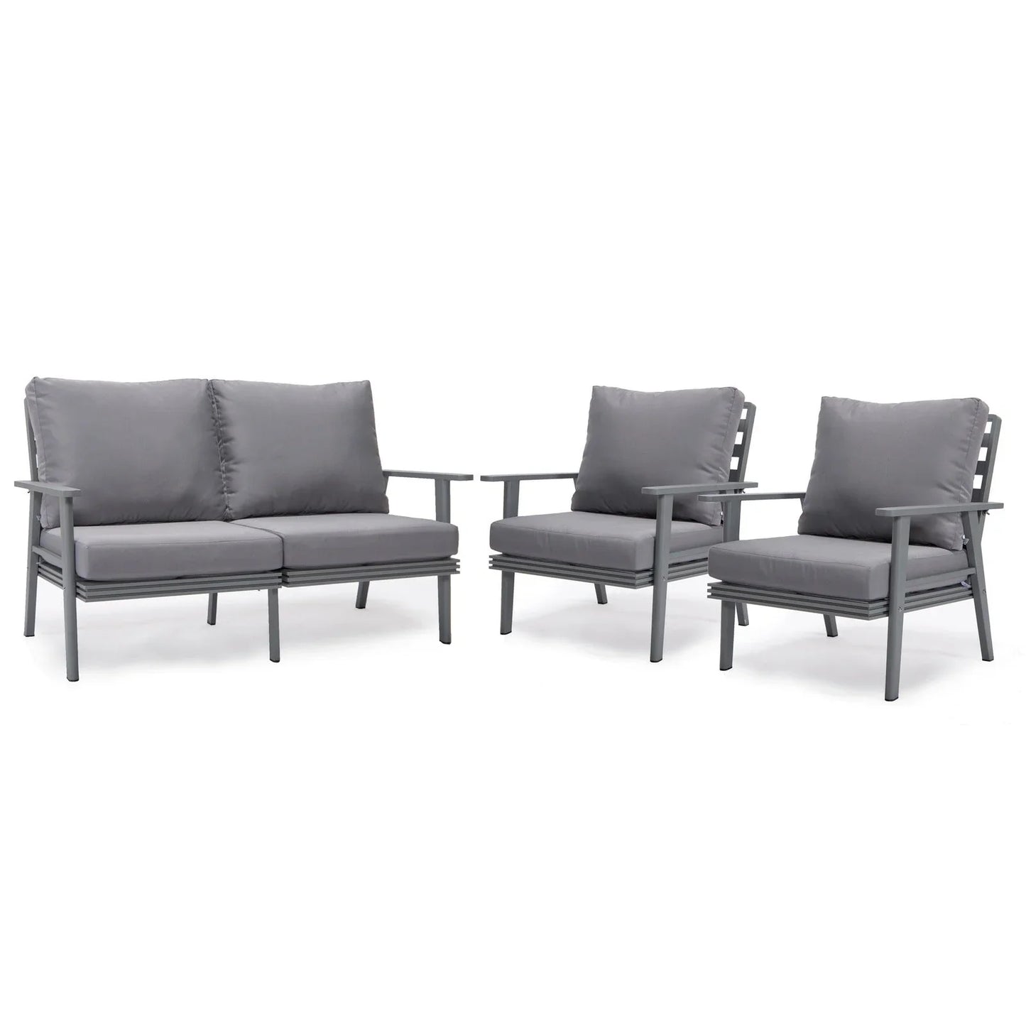 Walbrooke Modern 3-Piece Outdoor Patio Set with Grey Aluminum Frame and Removable Cushions Loveseat and Set of 2 Armchairs - Elax Furniture
