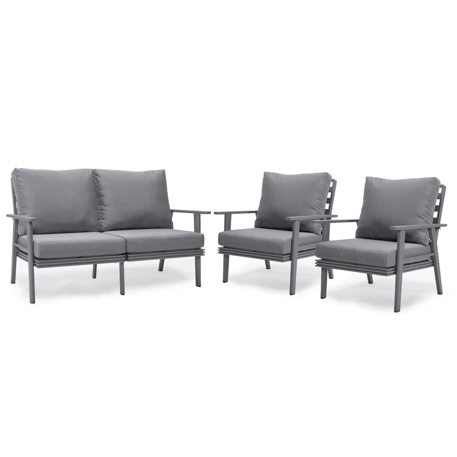 Walbrooke Modern 3-Piece Outdoor Patio Set with Grey Aluminum Frame and Removable Cushions Loveseat and Set of 2 Armchairs - Elax Furniture