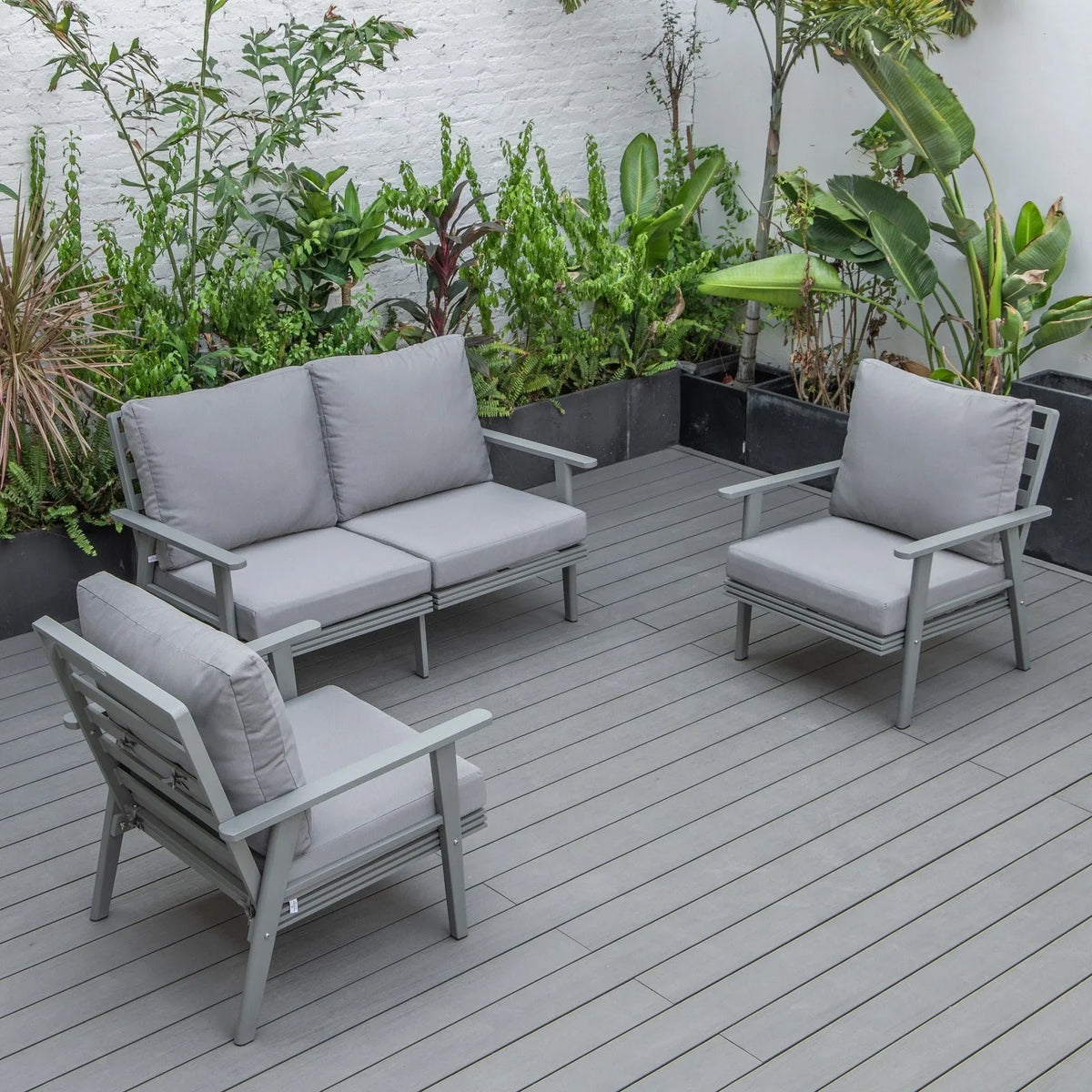 Walbrooke Modern 3-Piece Outdoor Patio Set with Grey Aluminum Frame and Removable Cushions Loveseat and Set of 2 Armchairs - Elax Furniture