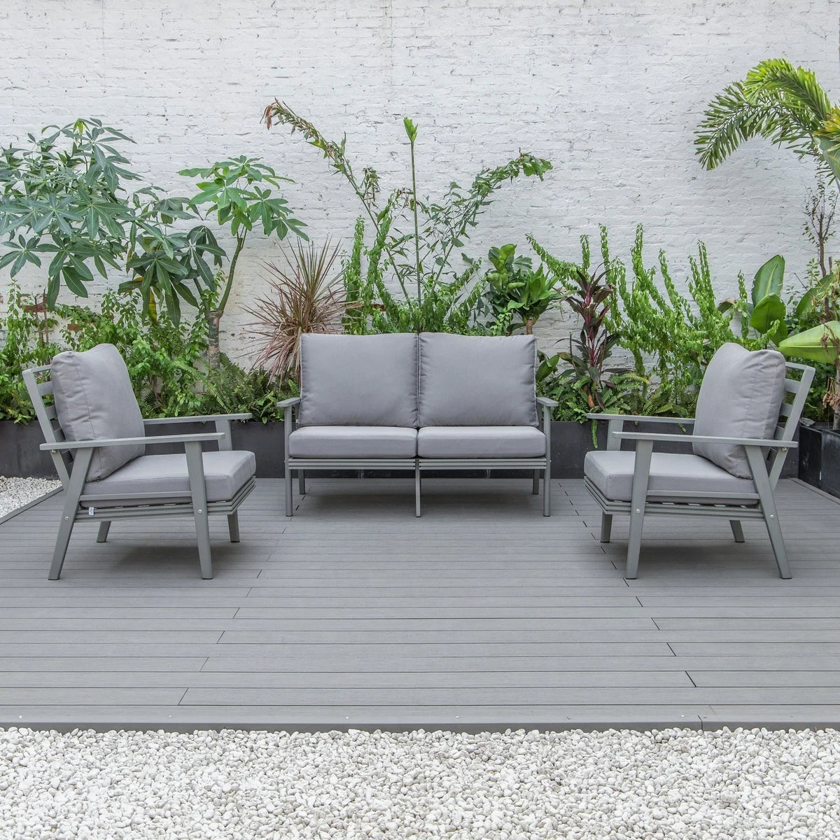 Walbrooke Modern 3-Piece Outdoor Patio Set with Grey Aluminum Frame and Removable Cushions Loveseat and Set of 2 Armchairs - Elax Furniture