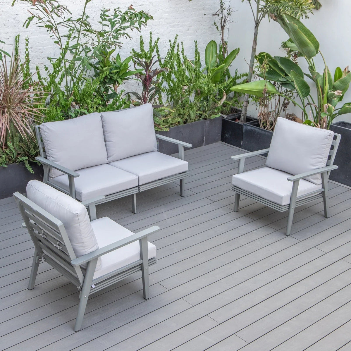Walbrooke Modern 3-Piece Outdoor Patio Set with Grey Aluminum Frame and Removable Cushions Loveseat and Set of 2 Armchairs - Elax Furniture