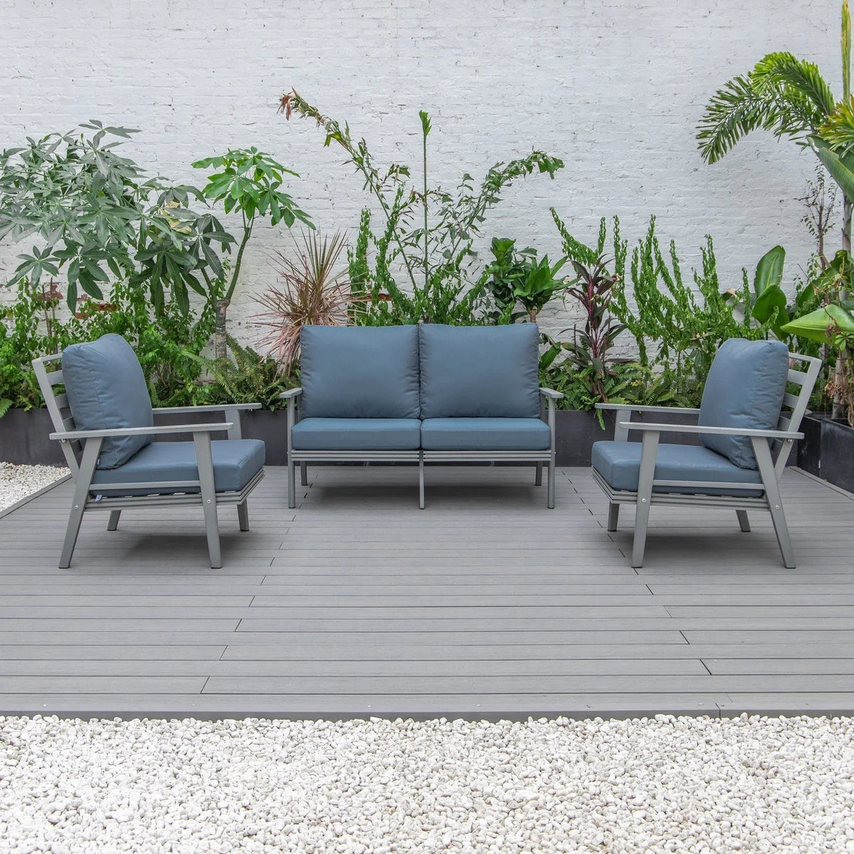 Walbrooke Modern 3-Piece Outdoor Patio Set with Grey Aluminum Frame and Removable Cushions Loveseat and Set of 2 Armchairs - Elax Furniture