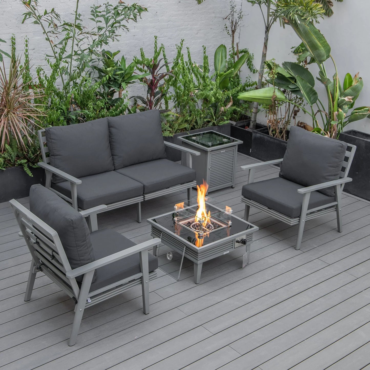 Walbrooke Aluminum Patio Conversation With Slats Design Fire Pit Table & Tank Holder - Elax Furniture