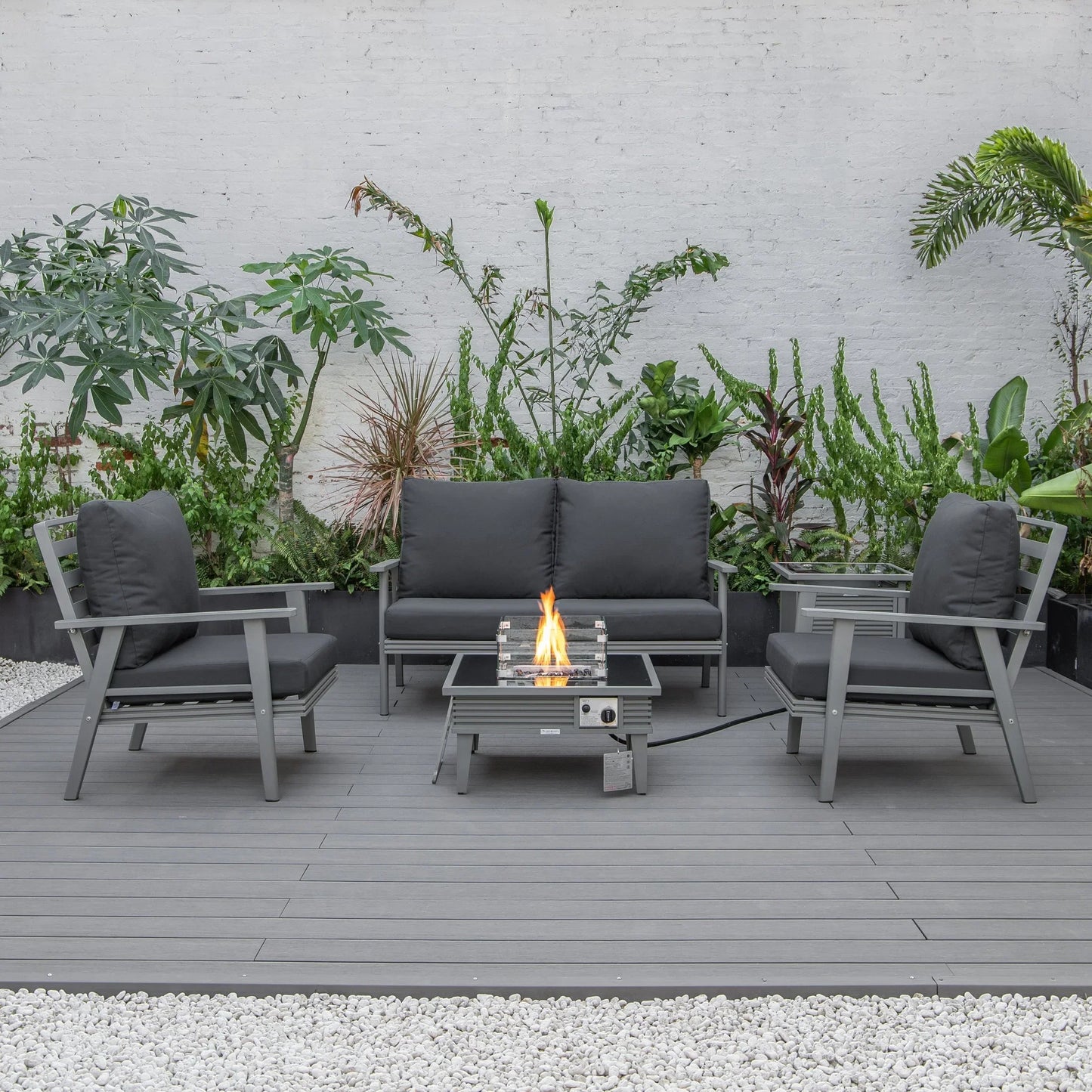 Walbrooke Aluminum Patio Conversation With Slats Design Fire Pit Table & Tank Holder - Elax Furniture