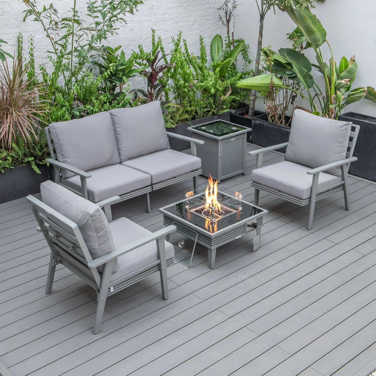 Walbrooke Aluminum Patio Conversation With Slats Design Fire Pit Table & Tank Holder - Elax Furniture