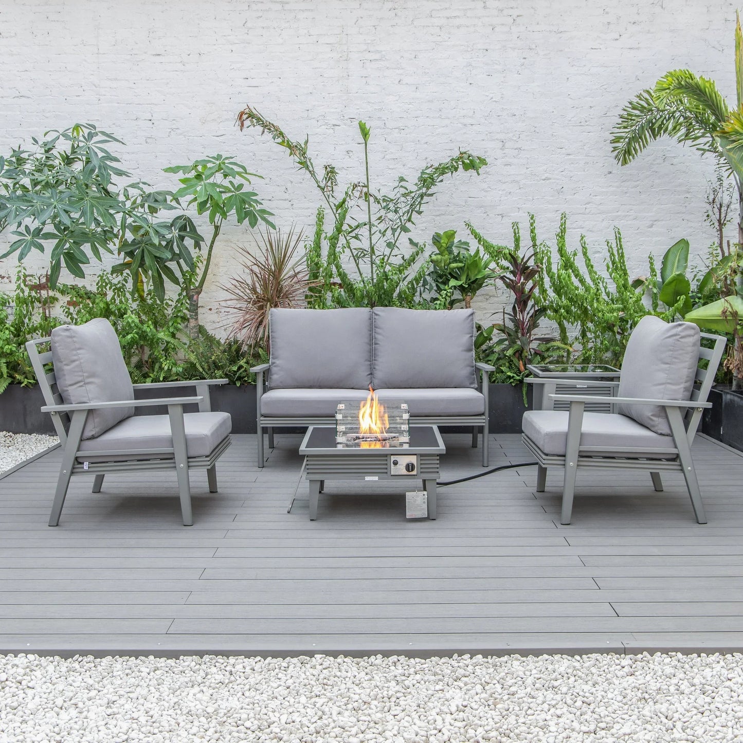Walbrooke Aluminum Patio Conversation With Slats Design Fire Pit Table & Tank Holder - Elax Furniture