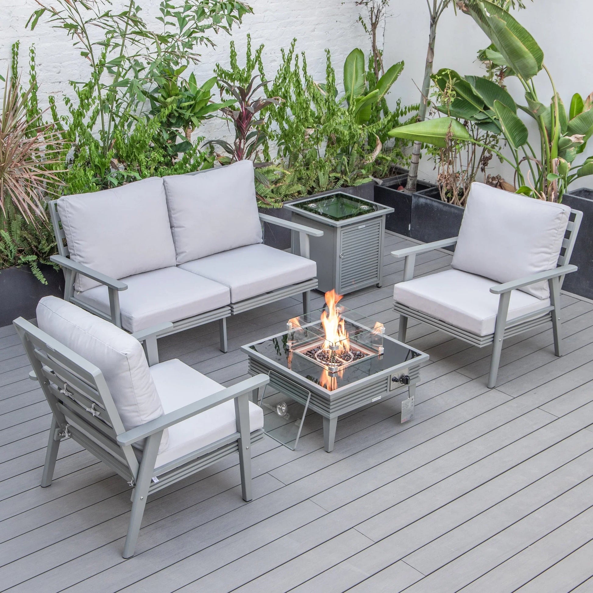 Walbrooke Aluminum Patio Conversation With Slats Design Fire Pit Table & Tank Holder - Elax Furniture