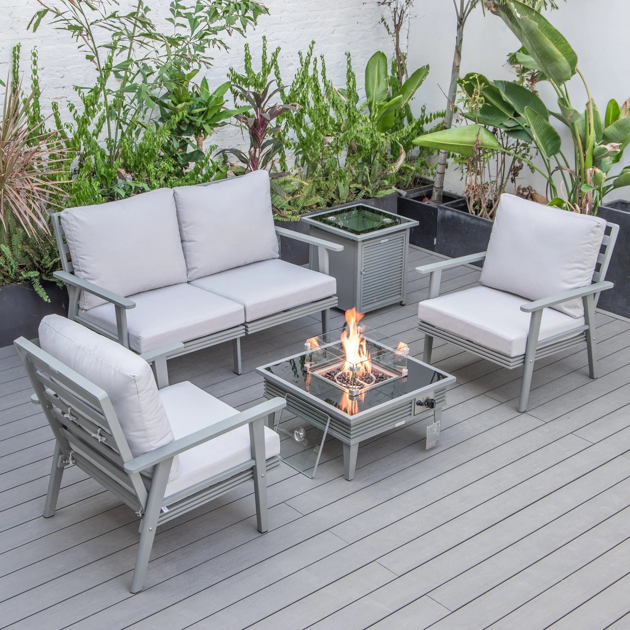Walbrooke Aluminum Patio Conversation With Slats Design Fire Pit Table & Tank Holder - Elax Furniture