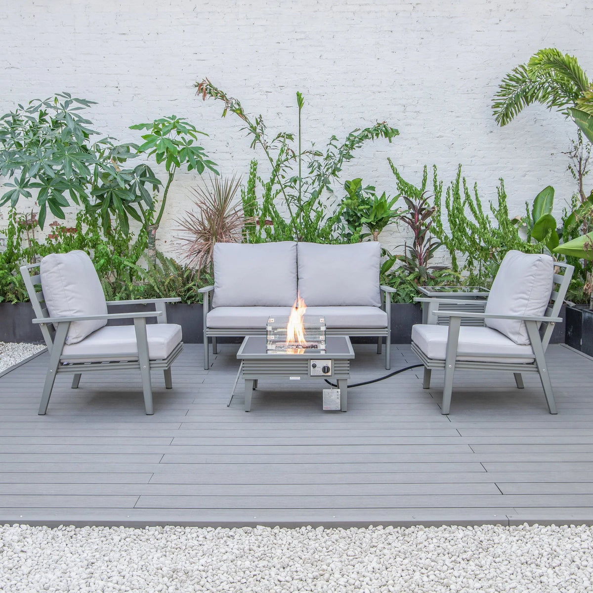 Walbrooke Aluminum Patio Conversation With Slats Design Fire Pit Table & Tank Holder - Elax Furniture