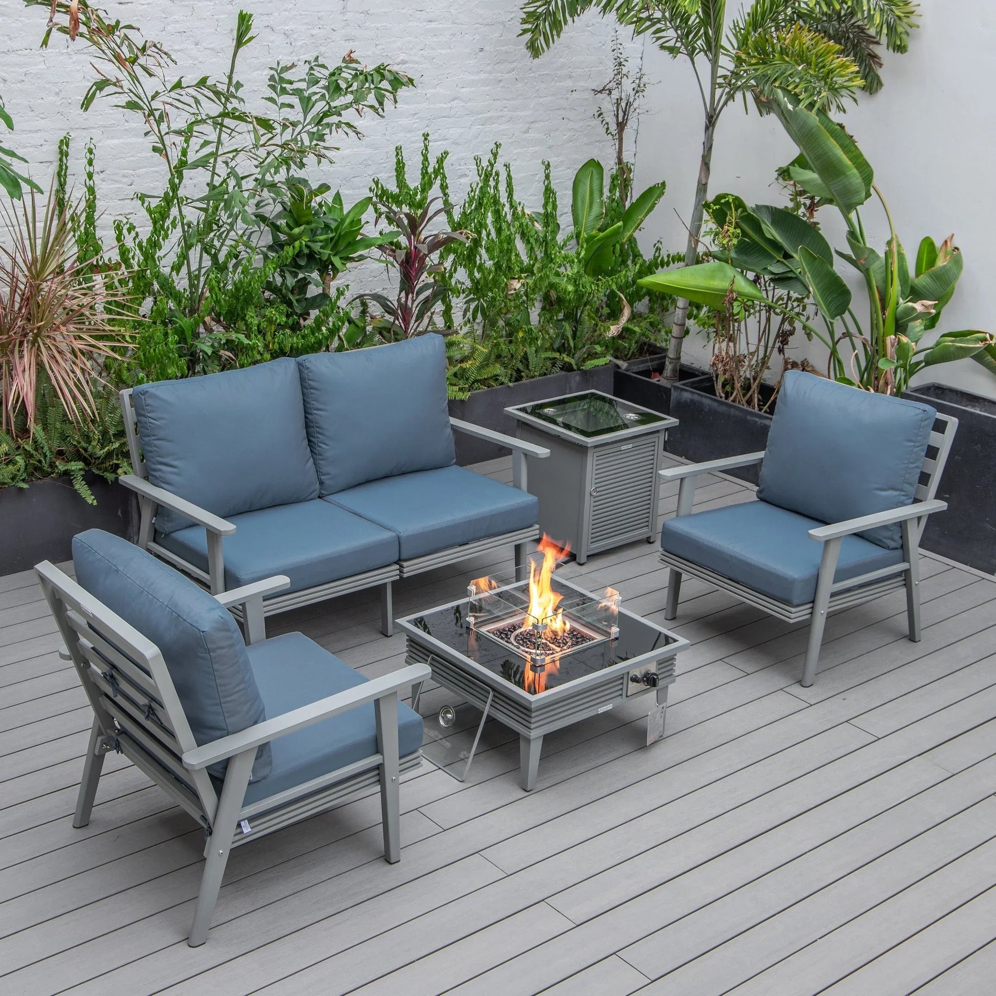 Walbrooke Aluminum Patio Conversation With Slats Design Fire Pit Table & Tank Holder - Elax Furniture