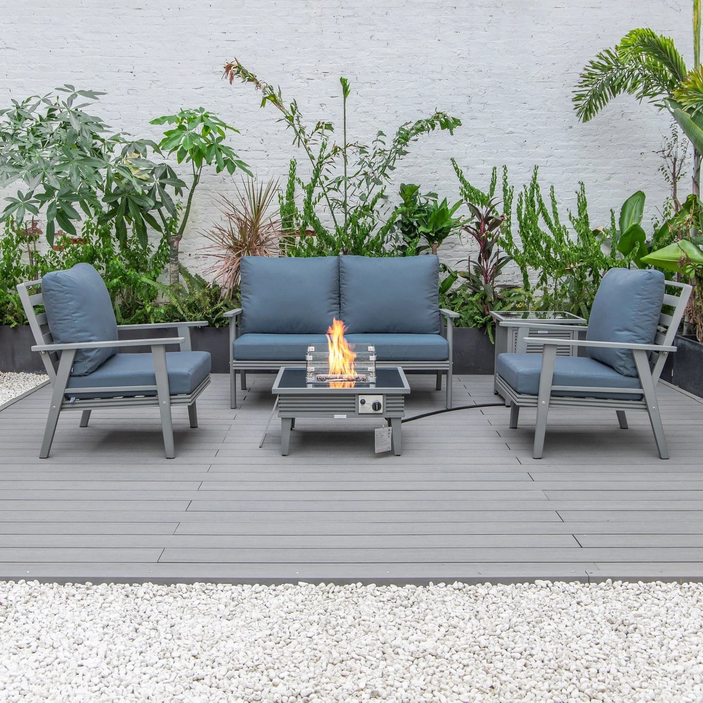 Walbrooke Aluminum Patio Conversation With Slats Design Fire Pit Table & Tank Holder - Elax Furniture