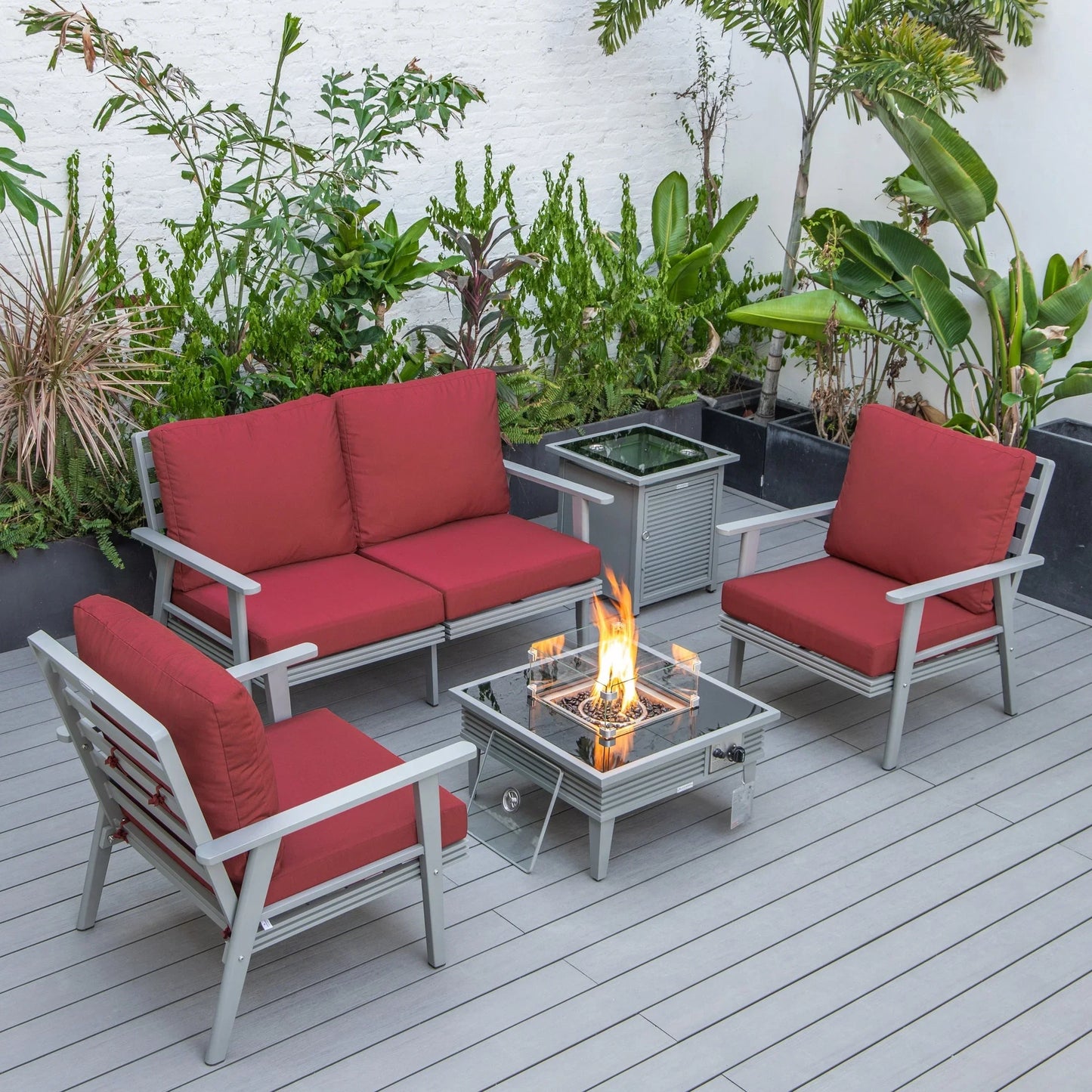 Walbrooke Aluminum Patio Conversation With Slats Design Fire Pit Table & Tank Holder - Elax Furniture