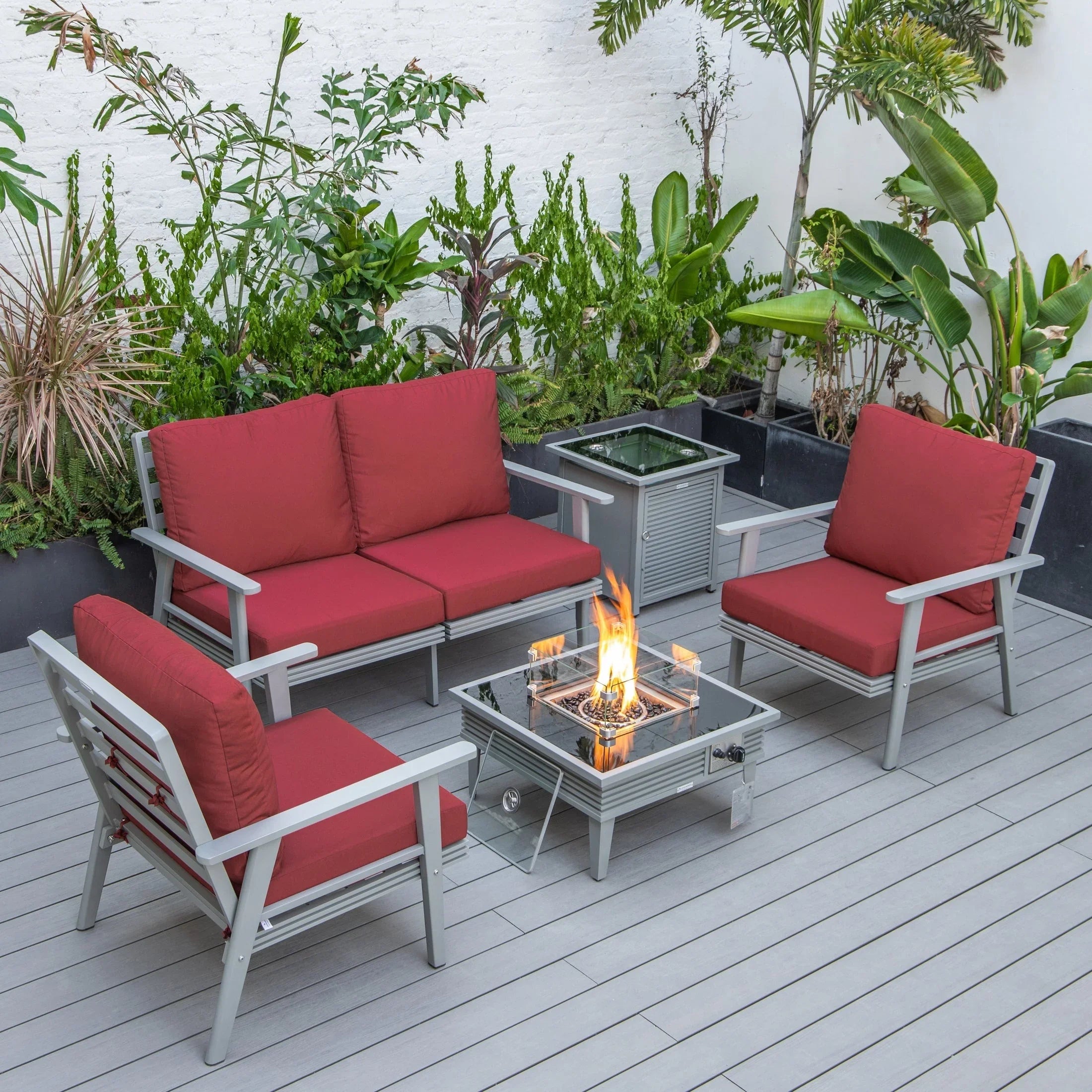 Walbrooke Aluminum Patio Conversation With Slats Design Fire Pit Table & Tank Holder - Elax Furniture