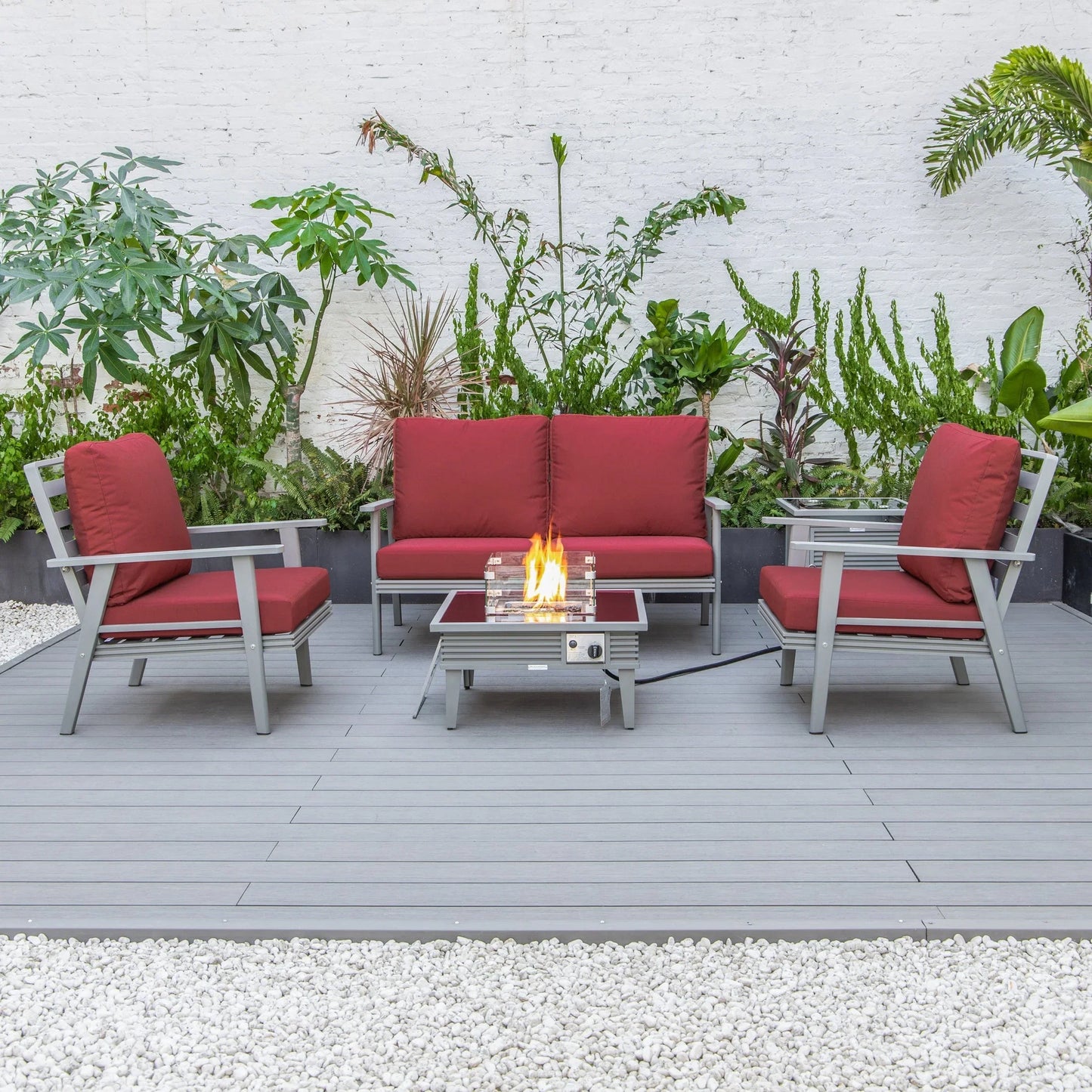 Walbrooke Aluminum Patio Conversation With Slats Design Fire Pit Table & Tank Holder - Elax Furniture