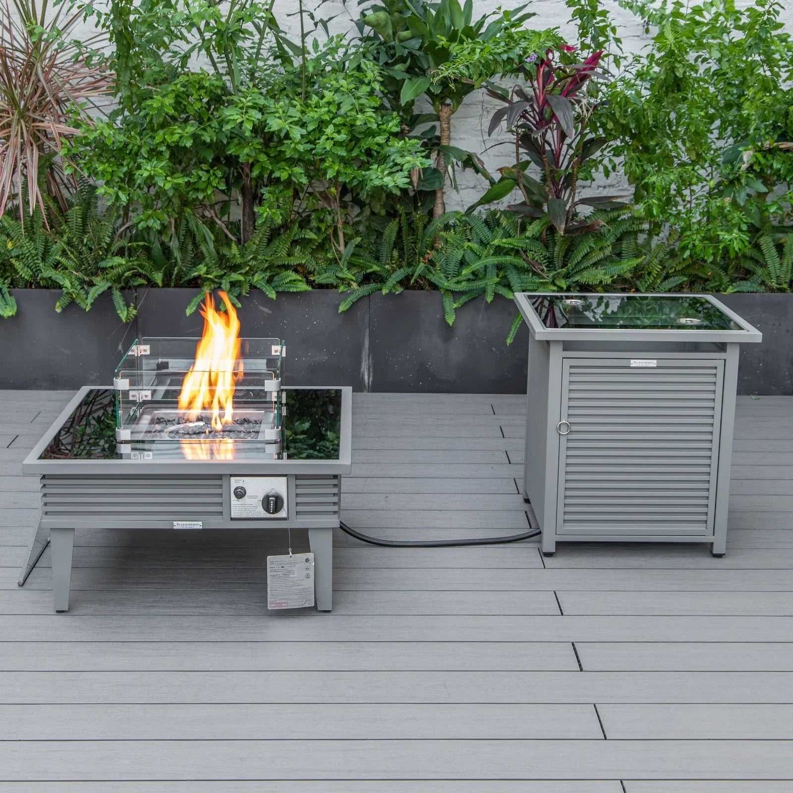 Walbrooke Outdoor Patio Square Fire Pit and Tank Holder with Slats Design - Elax Furniture