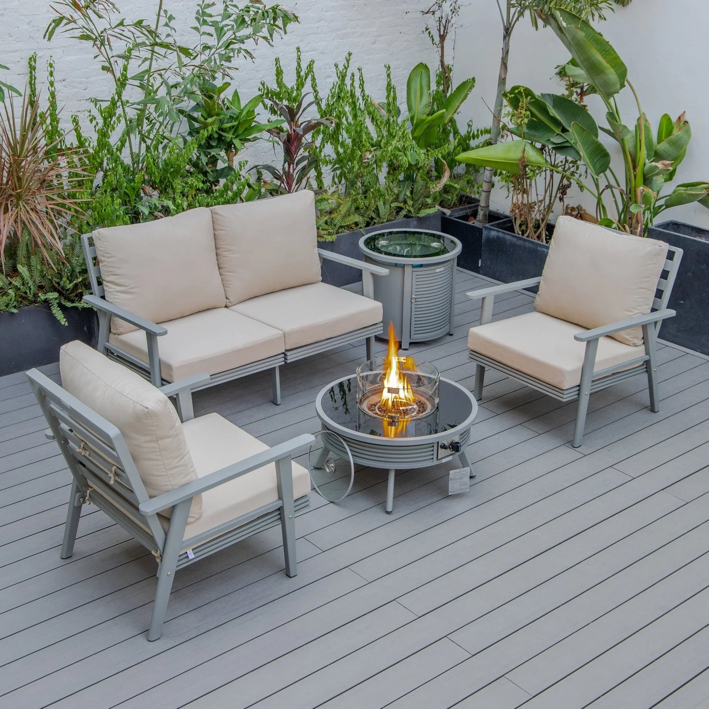 Walbrooke Aluminum Patio Conversation With Slats Design Fire Pit Table & Tank Holder - Elax Furniture