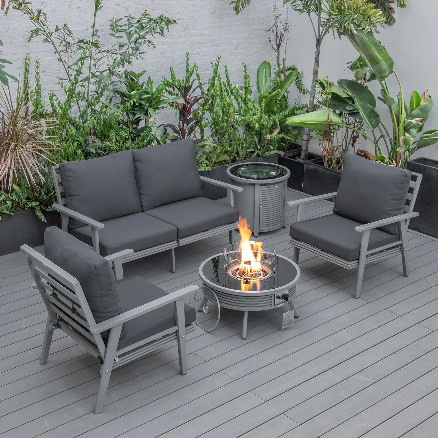 Walbrooke Aluminum Patio Conversation With Slats Design Fire Pit Table & Tank Holder - Elax Furniture