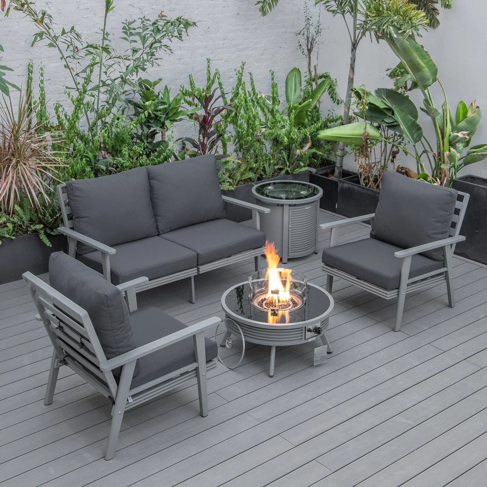 Walbrooke Aluminum Patio Conversation With Slats Design Fire Pit Table & Tank Holder - Elax Furniture