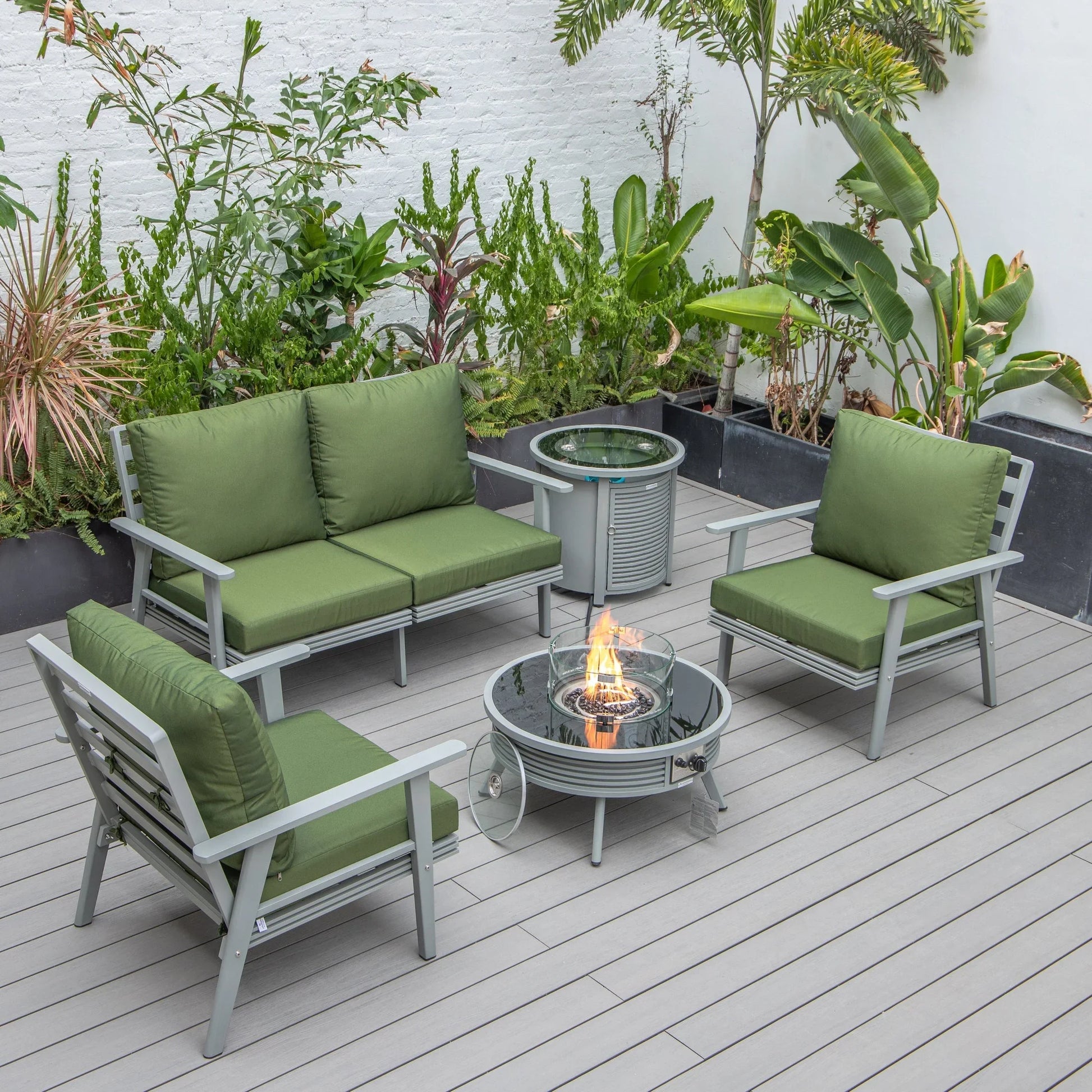 Walbrooke Aluminum Patio Conversation With Slats Design Fire Pit Table & Tank Holder - Elax Furniture