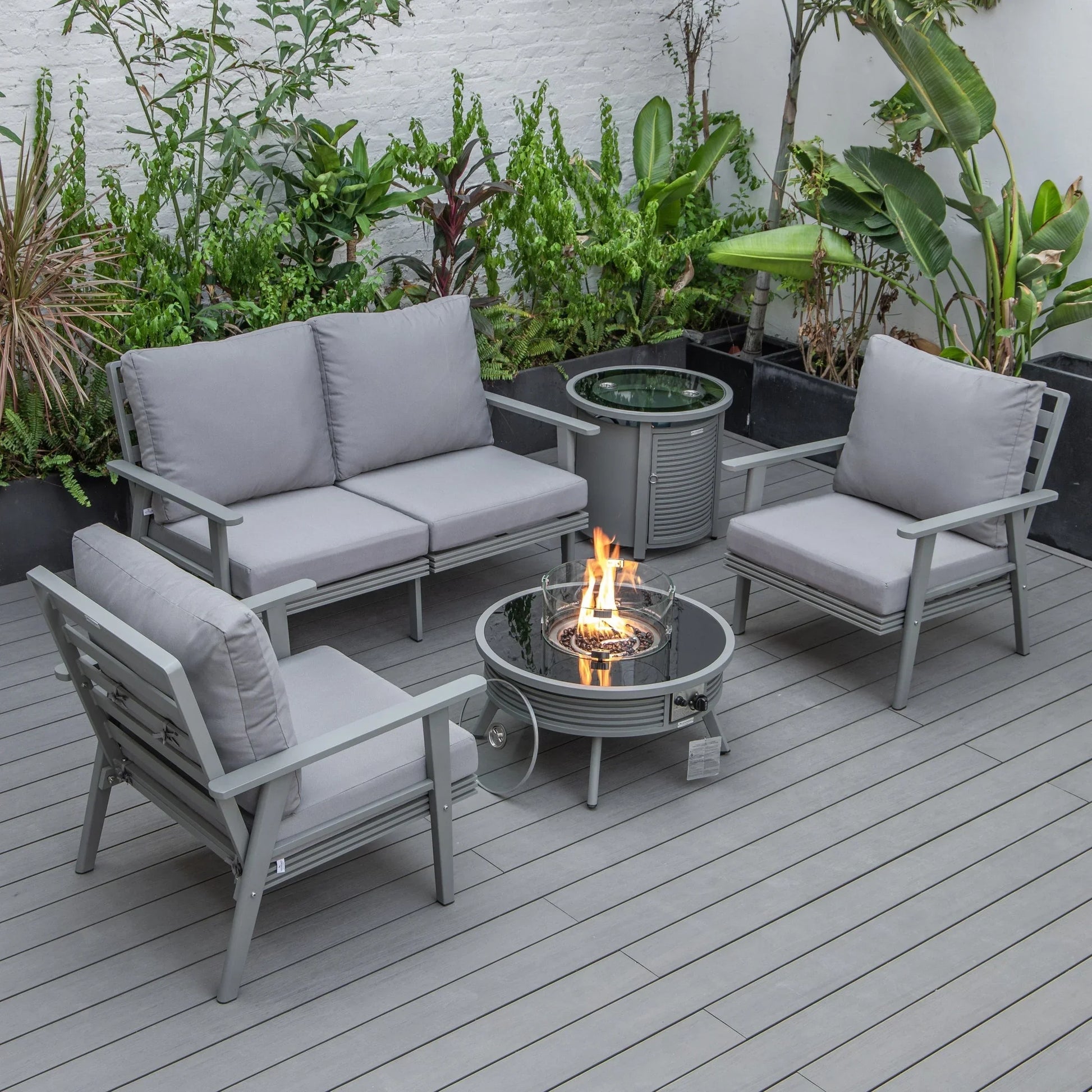 Walbrooke Aluminum Patio Conversation With Slats Design Fire Pit Table & Tank Holder - Elax Furniture