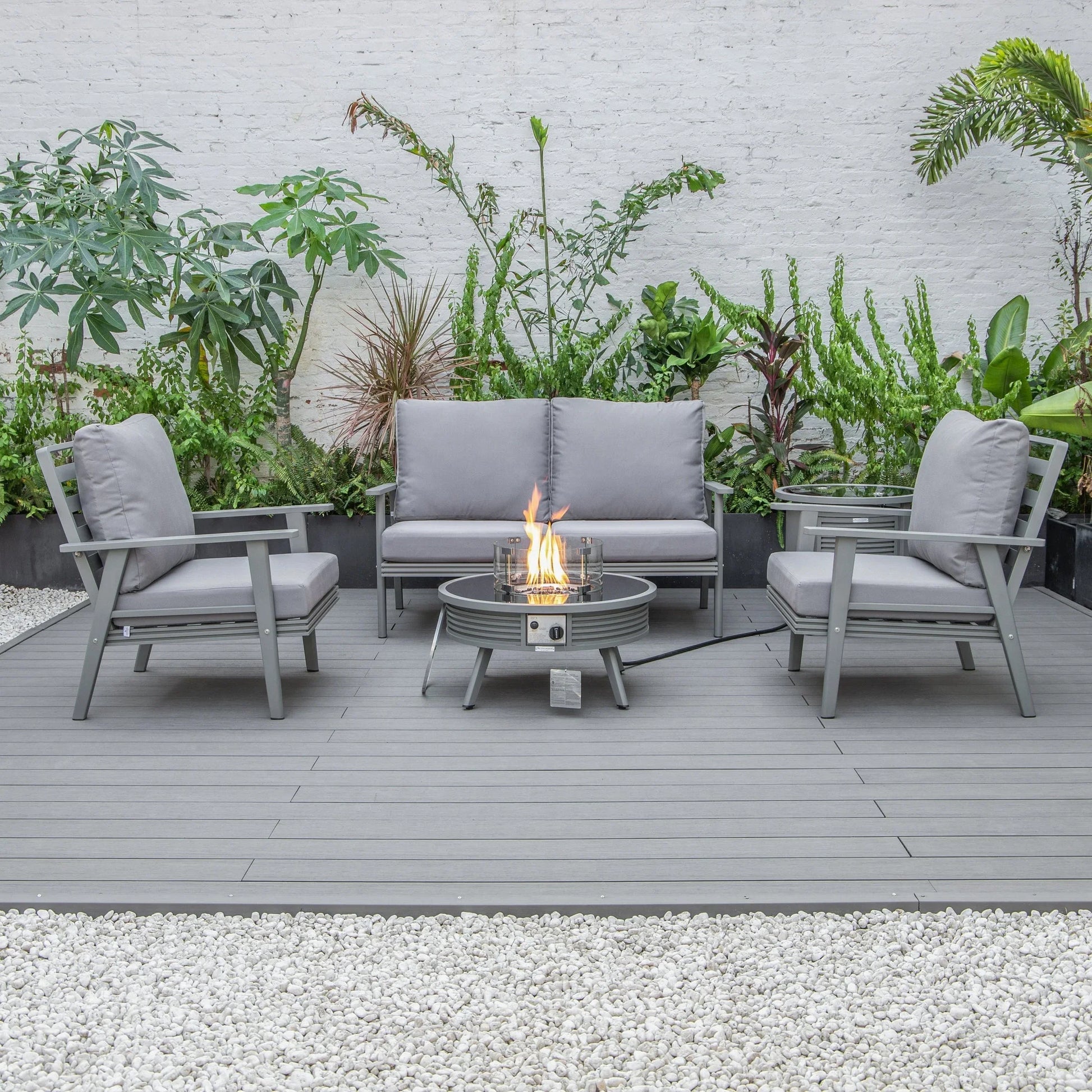 Walbrooke Aluminum Patio Conversation With Slats Design Fire Pit Table & Tank Holder - Elax Furniture