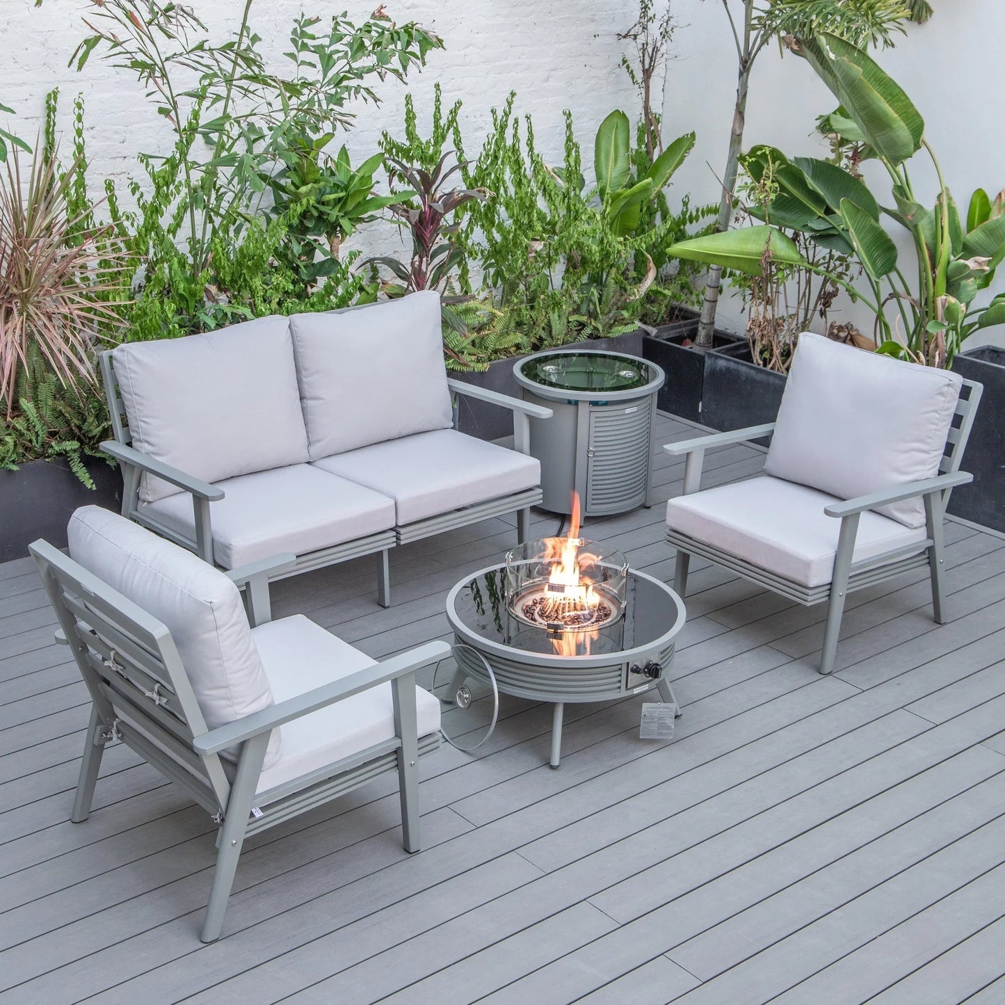 Walbrooke Aluminum Patio Conversation With Slats Design Fire Pit Table & Tank Holder - Elax Furniture