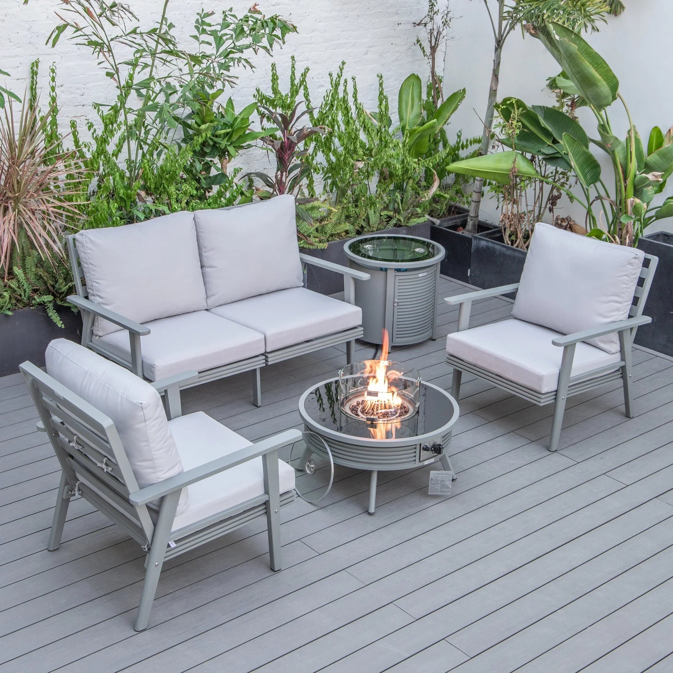 Walbrooke Aluminum Patio Conversation With Slats Design Fire Pit Table & Tank Holder - Elax Furniture