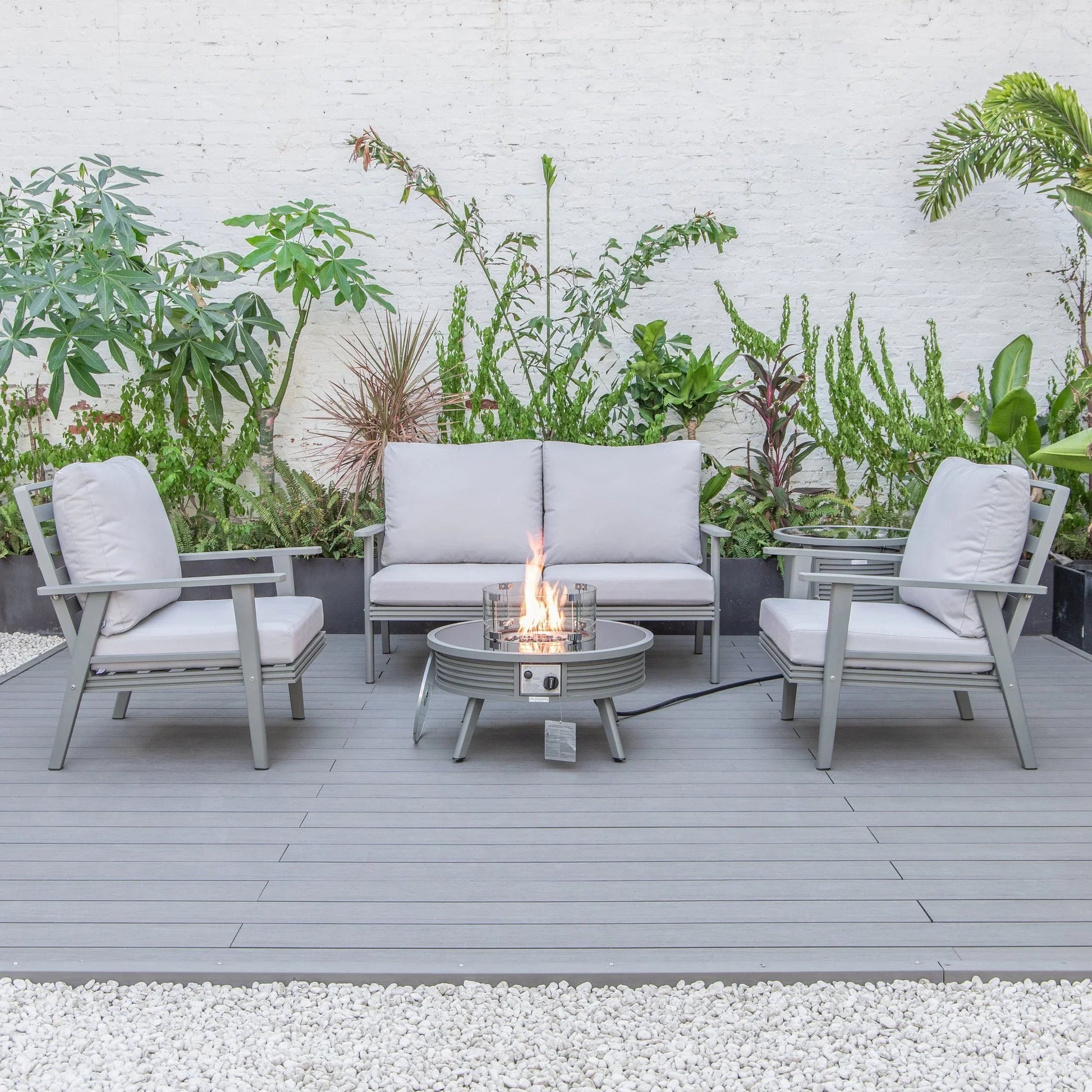 Walbrooke Aluminum Patio Conversation With Slats Design Fire Pit Table & Tank Holder - Elax Furniture