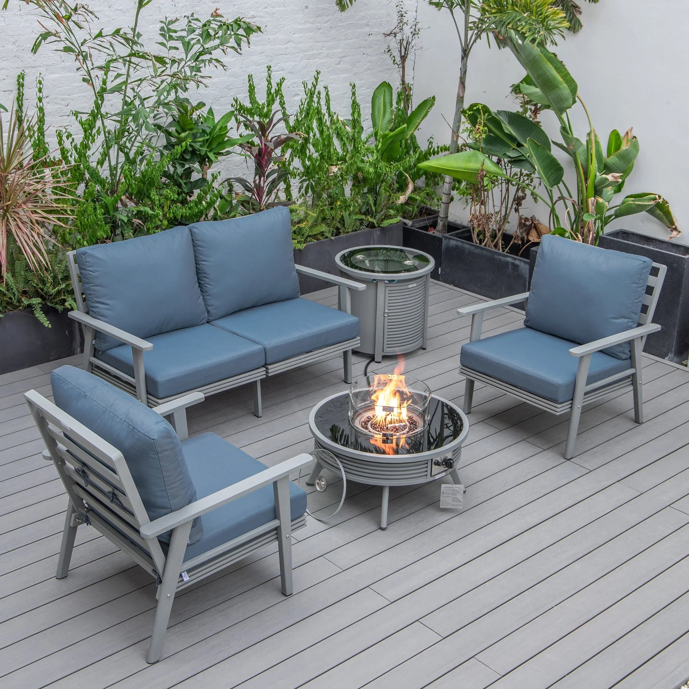 Walbrooke Aluminum Patio Conversation With Slats Design Fire Pit Table & Tank Holder - Elax Furniture