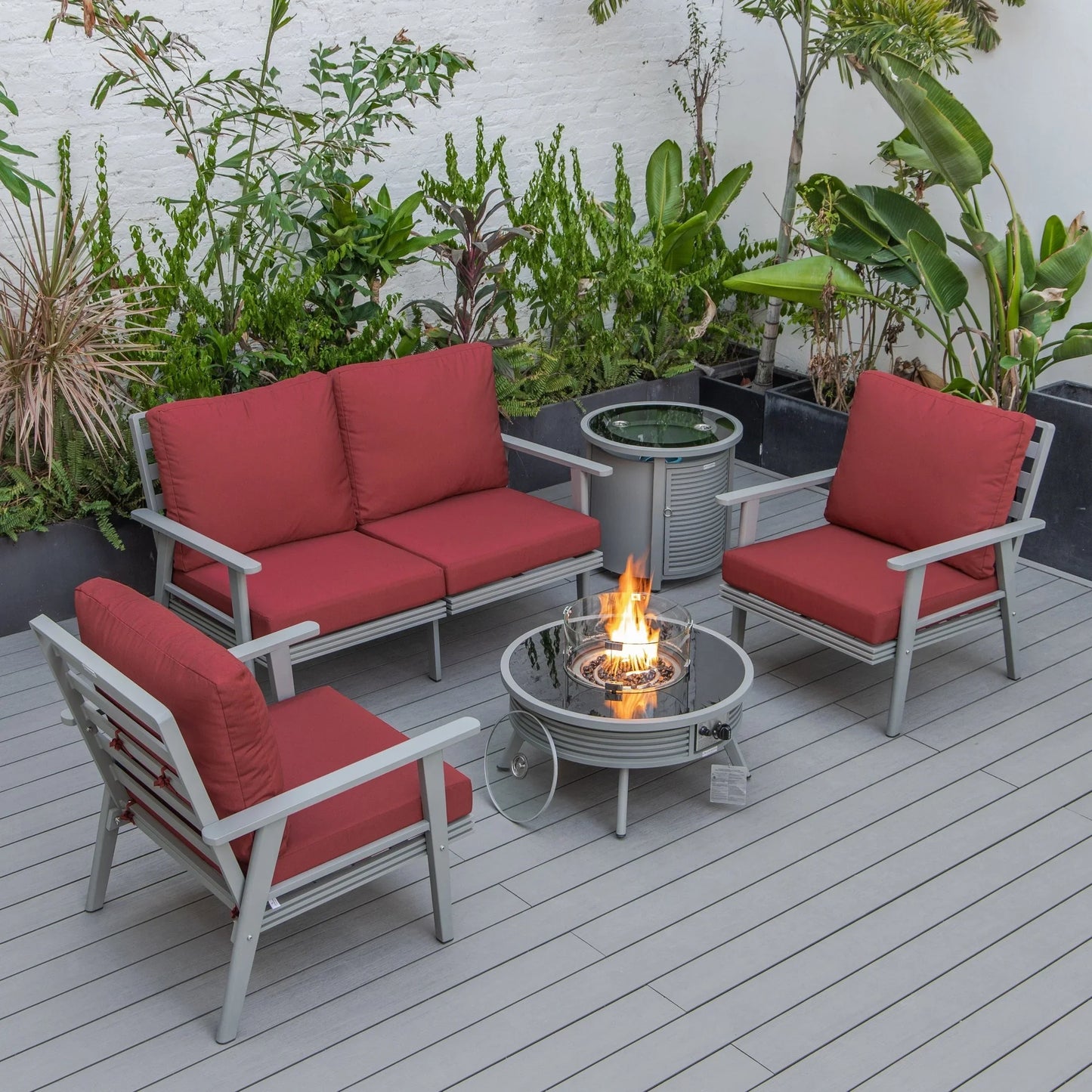 Walbrooke Aluminum Patio Conversation With Slats Design Fire Pit Table & Tank Holder - Elax Furniture