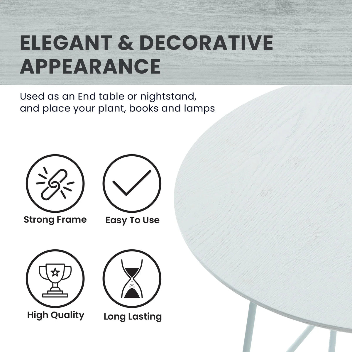 Rossmore Round Side Table with MDF Wood Tabletop in White Steel - Elax Furniture