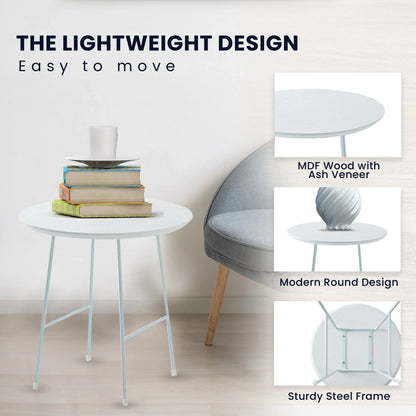 Rossmore Round Side Table with MDF Wood Tabletop in White Steel - Elax Furniture