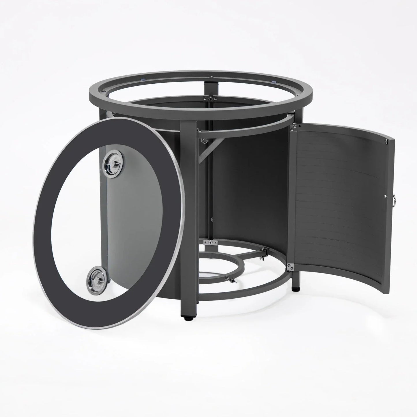 Walbrooke Modern Round Tank Holder Table with Tempered Glass Top and Powder Coated Aluminum Slats Design - Elax Furniture