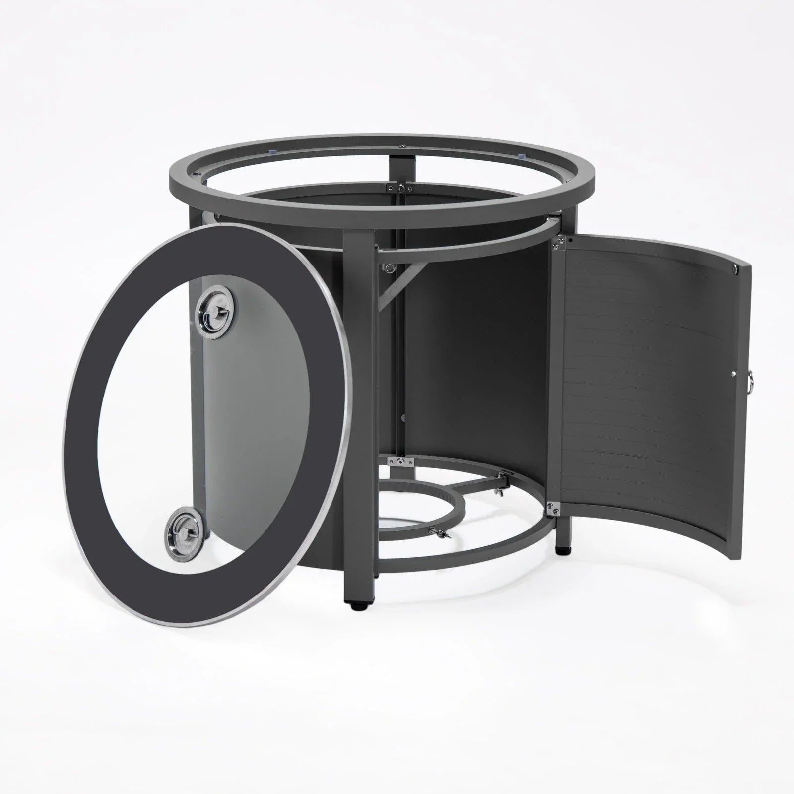 Walbrooke Modern Round Tank Holder Table with Tempered Glass Top and Powder Coated Aluminum Slats Design - Elax Furniture