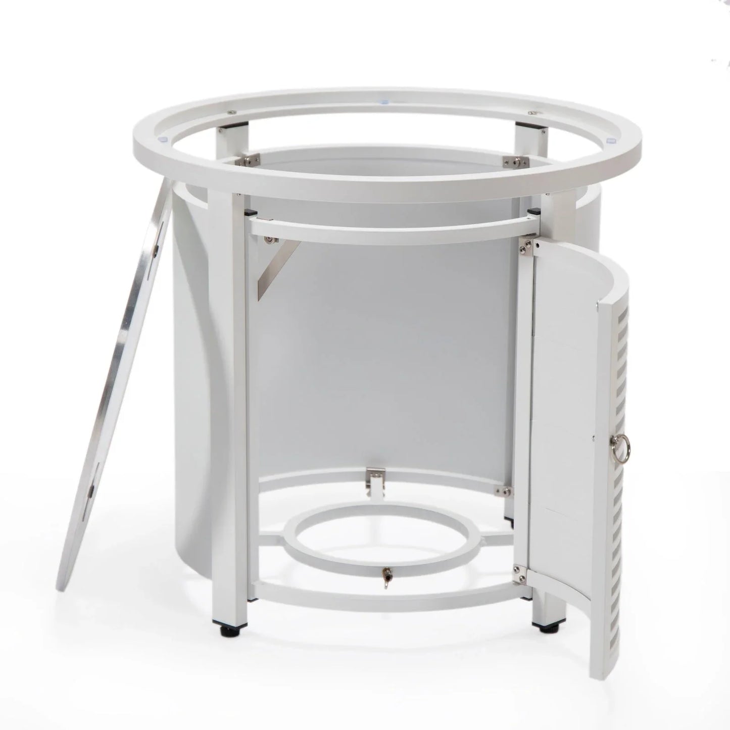 Walbrooke Modern Round Tank Holder Table with Tempered Glass Top and Powder Coated Aluminum Slats Design - Elax Furniture