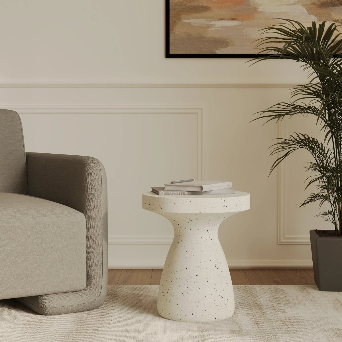 Wisp 16" Modern Wide Round Fiberstone Hourglass Design Side Table - Stylish Accent End Table Terrazzo White Side Table Leisuremod