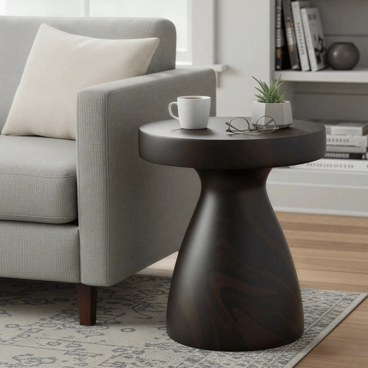 Wisp 16" Modern Wide Round Fiberstone Hourglass Design Side Table - Stylish Accent End Table Pottery Red Side Table Leisuremod