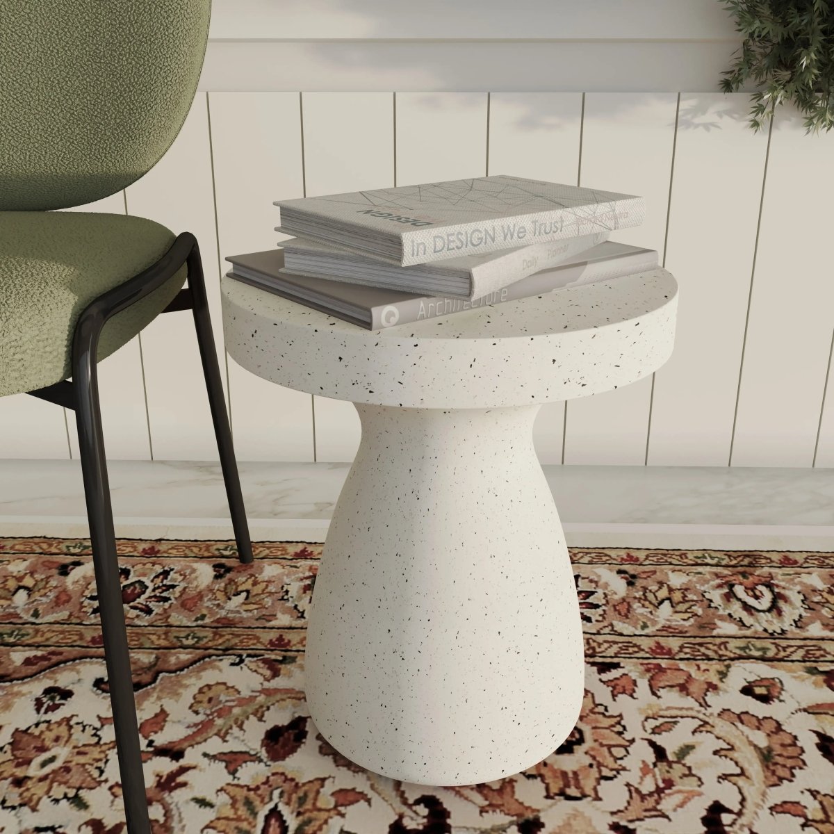 Wisp 16" Modern Wide Round Fiberstone Hourglass Design Side Table - Stylish Accent End Table Terrazzo White Side Table Leisuremod
