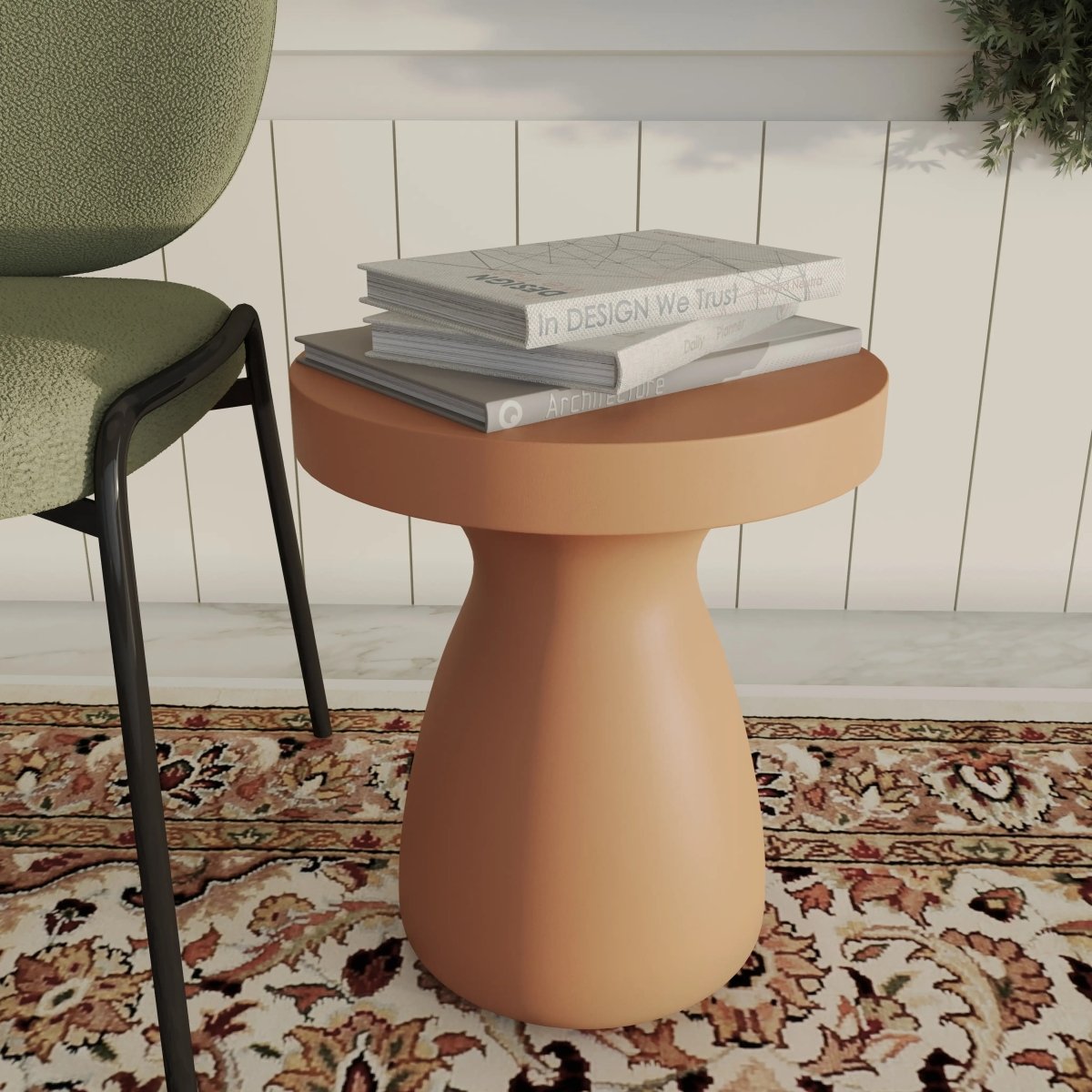 Wisp 16" Modern Wide Round Fiberstone Hourglass Design Side Table - Stylish Accent End Table Pink Side Table Leisuremod
