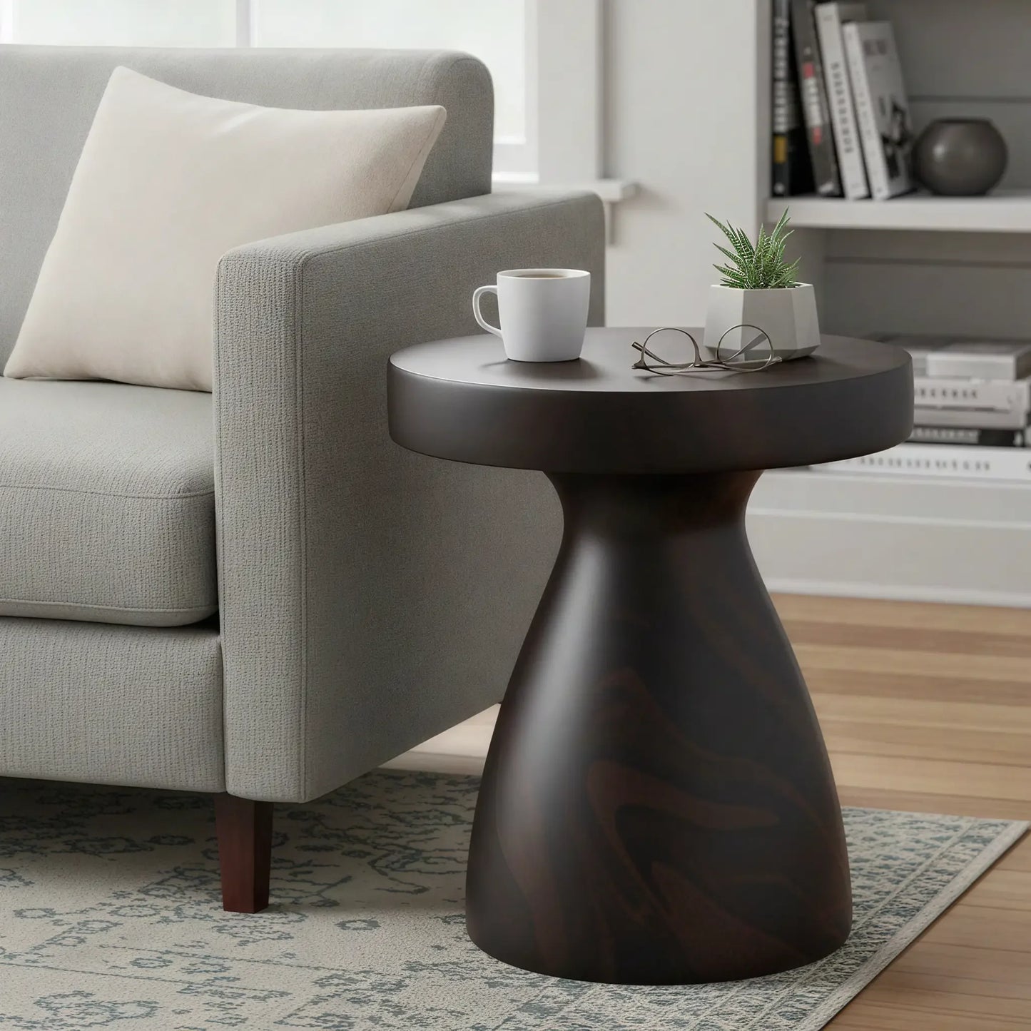Wisp 16" Modern Wide Round Fiberstone Hourglass Design Side Table