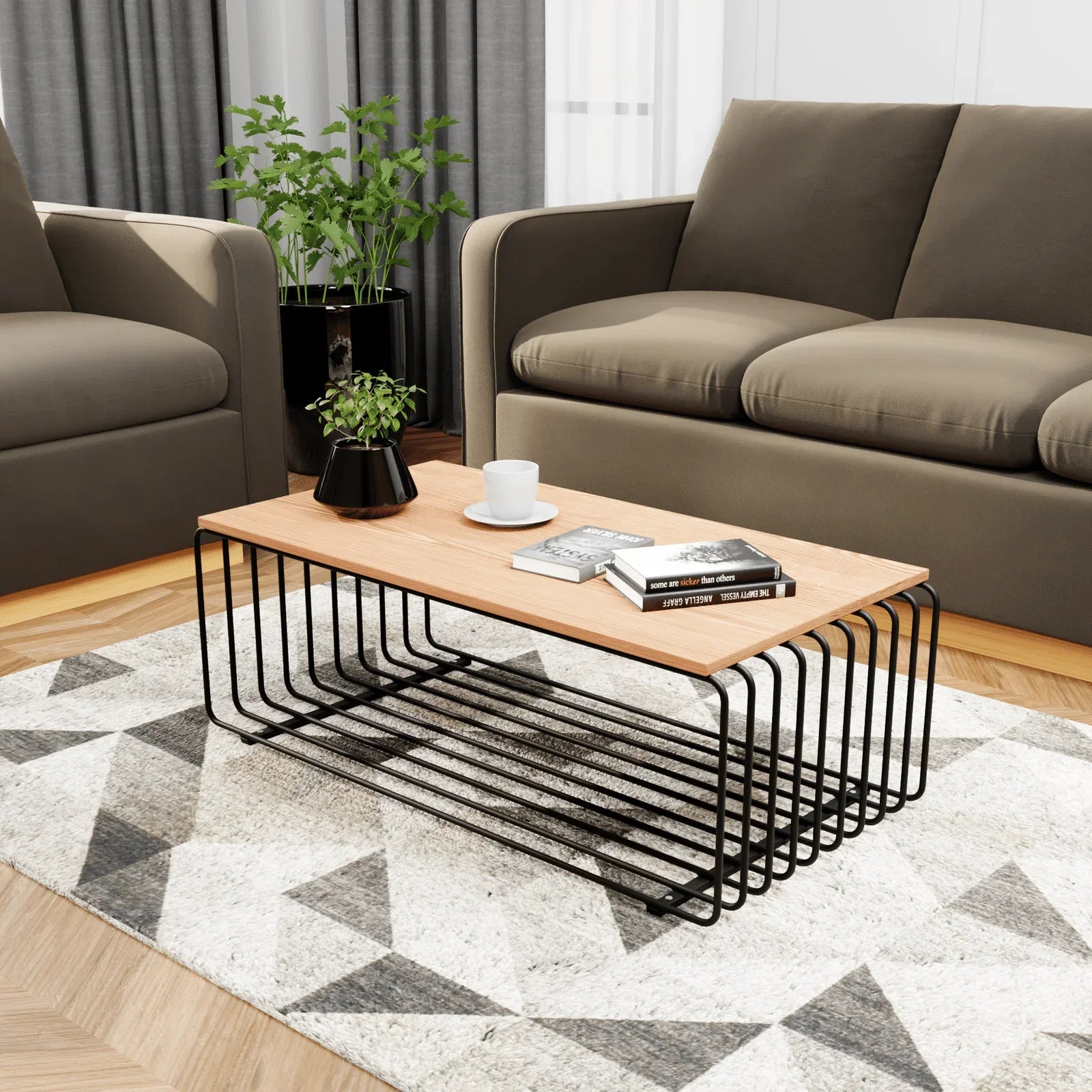 Walden Rectangular Coffee Table with Ash Wood Tabletop in Black Steel Frame - Elax Furniture