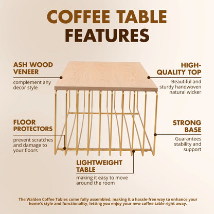 Walden Rectangular Coffee Table with Ash Wood Tabletop in Black Steel Frame - Elax Furniture