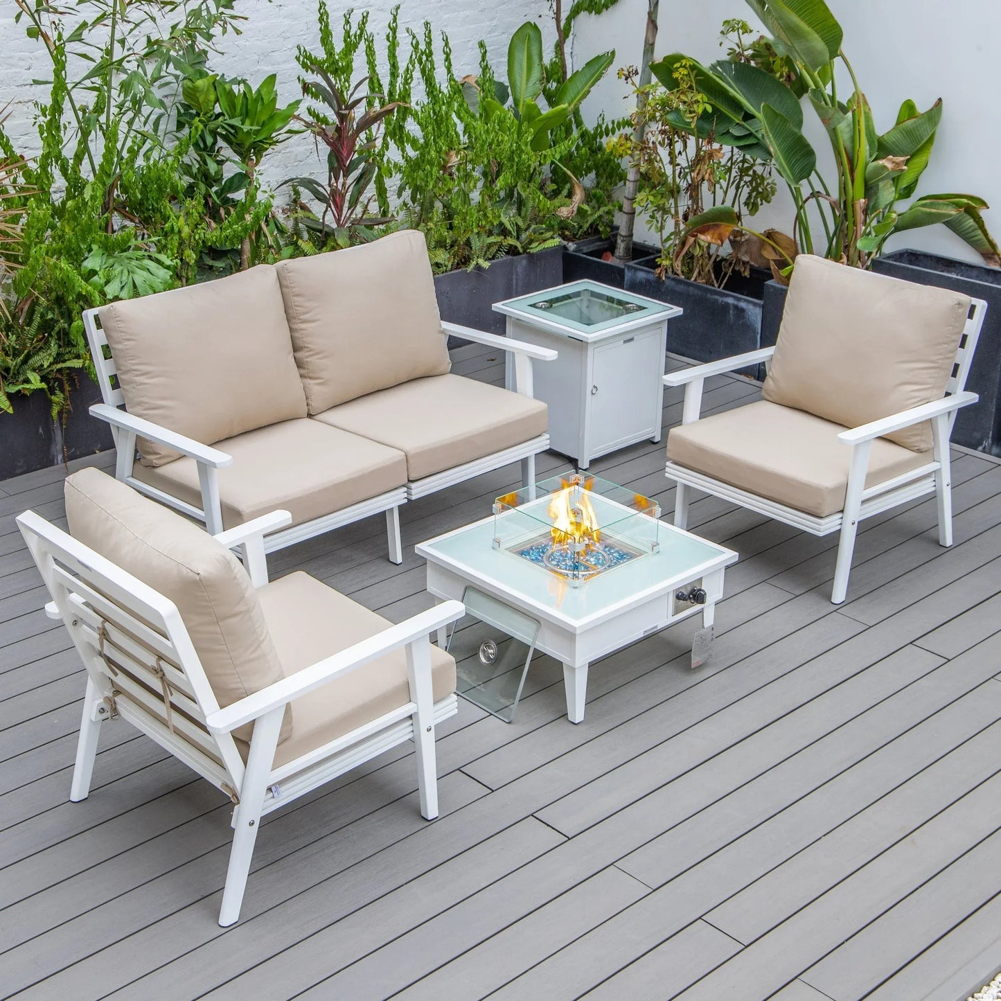 Walbrooke Aluminum Patio Conversation With Fire Pit Table & Tank Holder - Elax Furniture