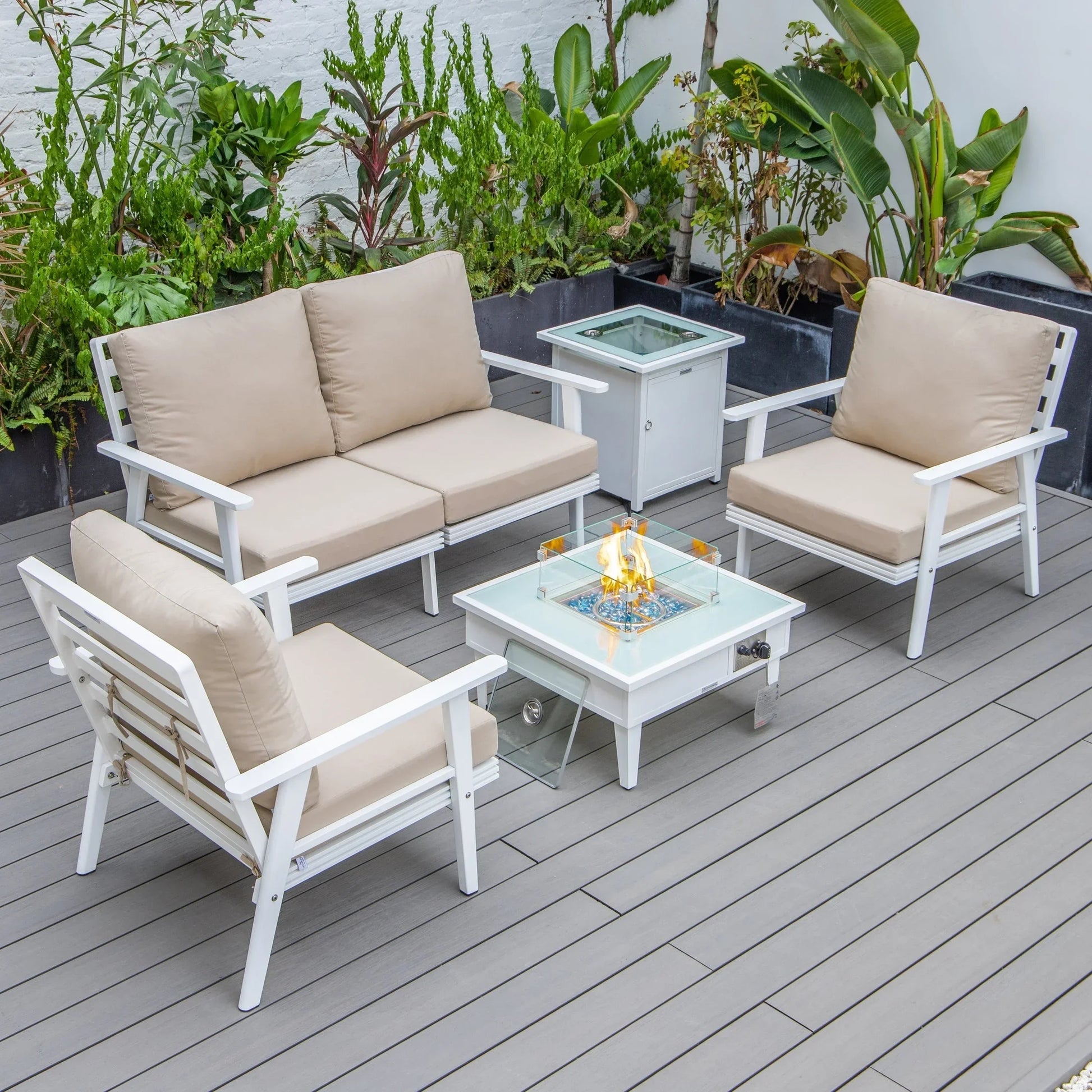 Walbrooke Aluminum Patio Conversation With Fire Pit Table & Tank Holder - Elax Furniture