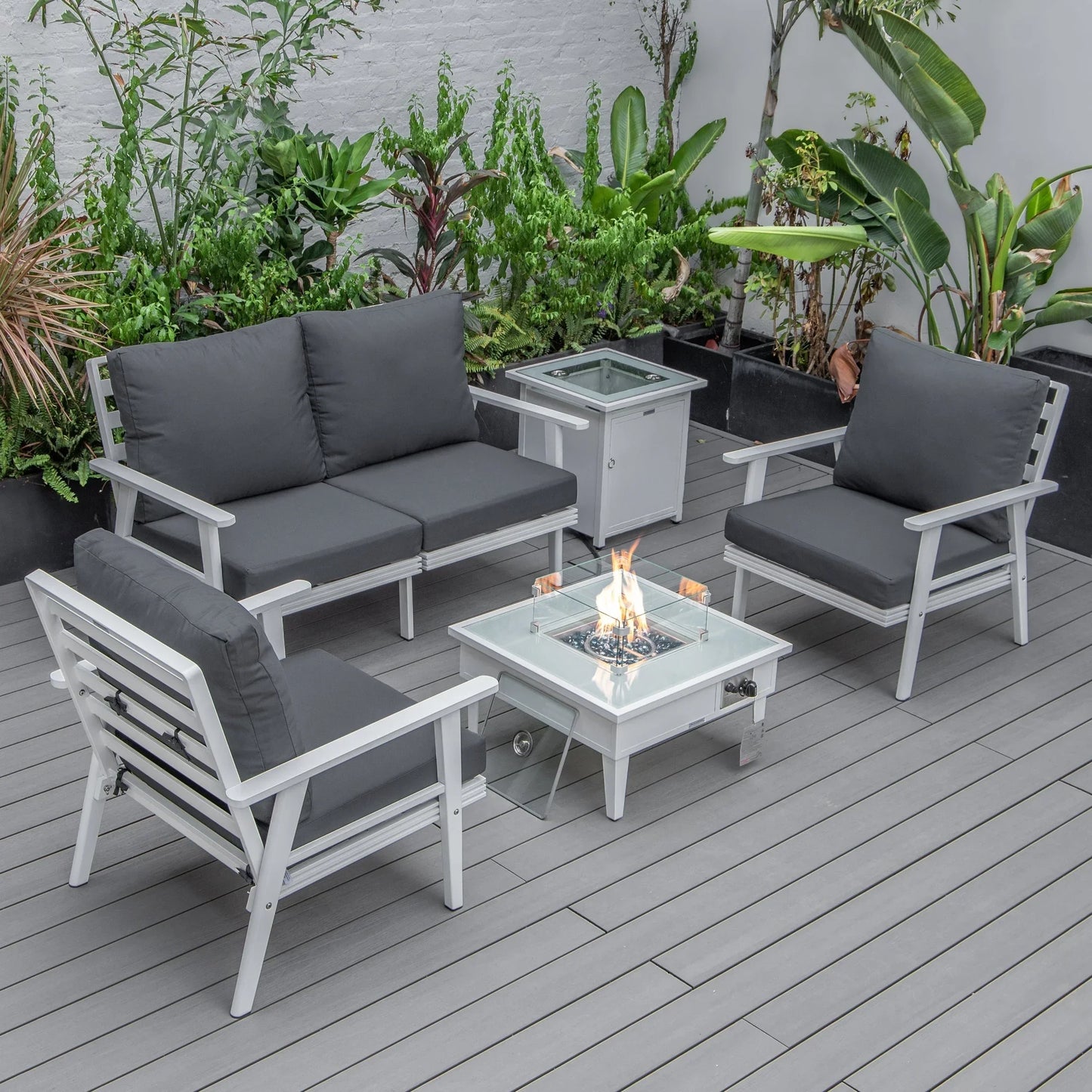 Walbrooke Aluminum Patio Conversation With Fire Pit Table & Tank Holder - Elax Furniture