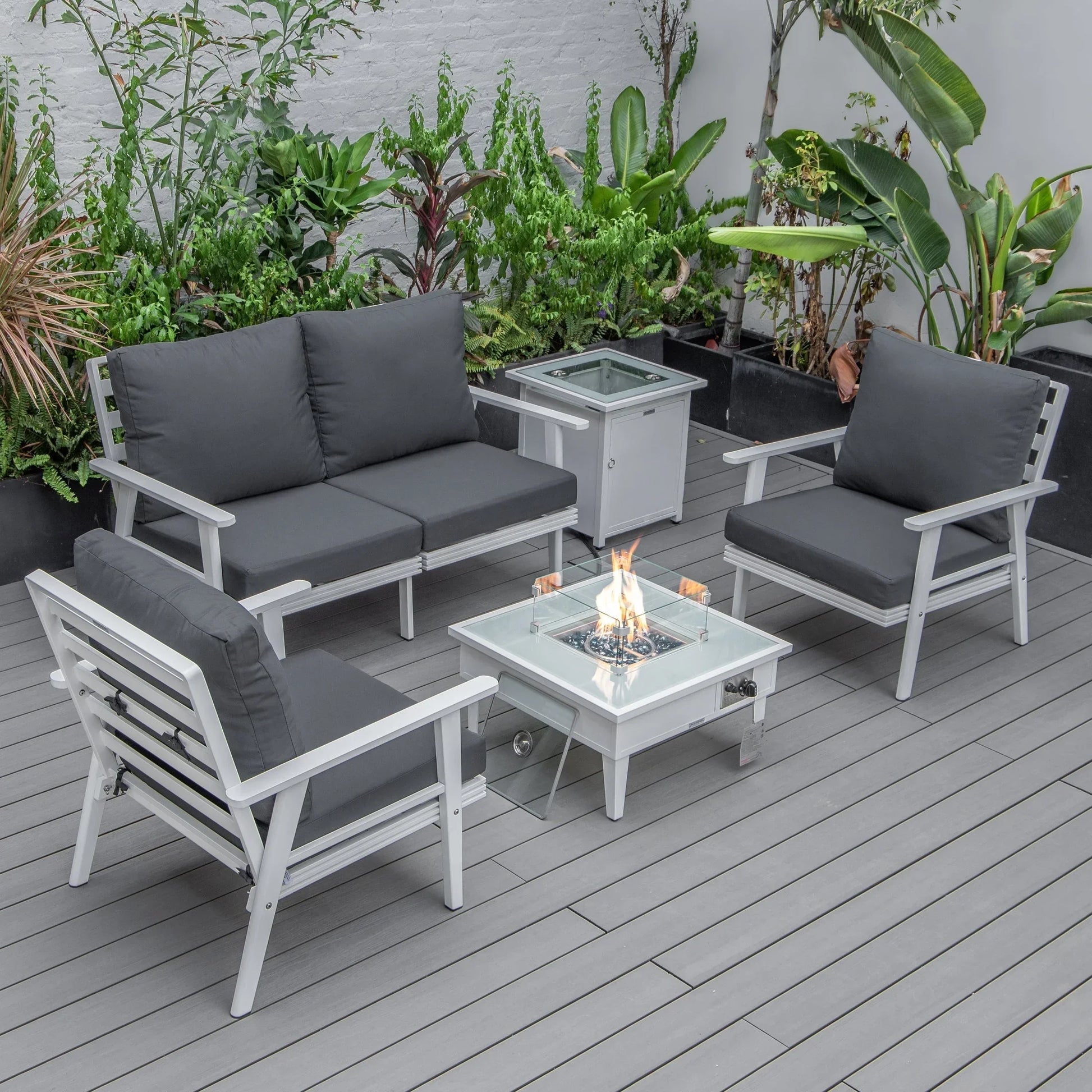 Walbrooke Aluminum Patio Conversation With Fire Pit Table & Tank Holder - Elax Furniture