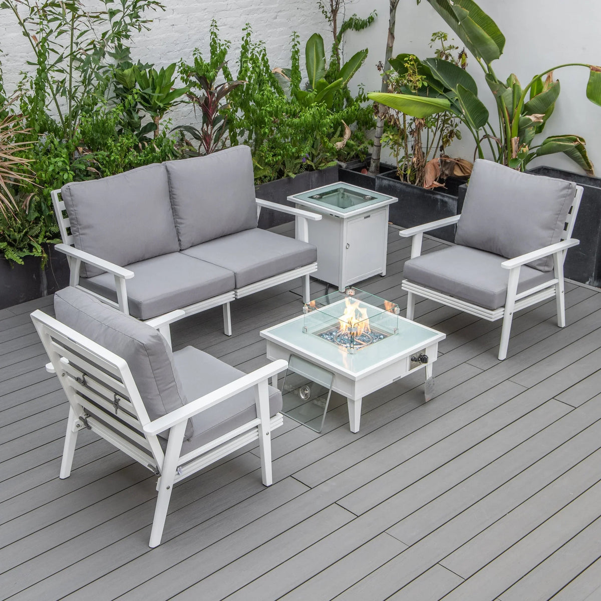 Walbrooke Aluminum Patio Conversation With Fire Pit Table & Tank Holder - Elax Furniture