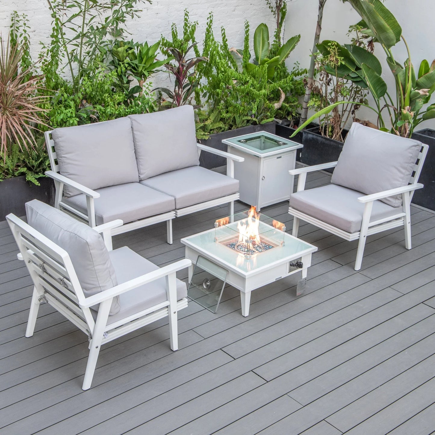 Walbrooke Aluminum Patio Conversation With Fire Pit Table & Tank Holder - Elax Furniture
